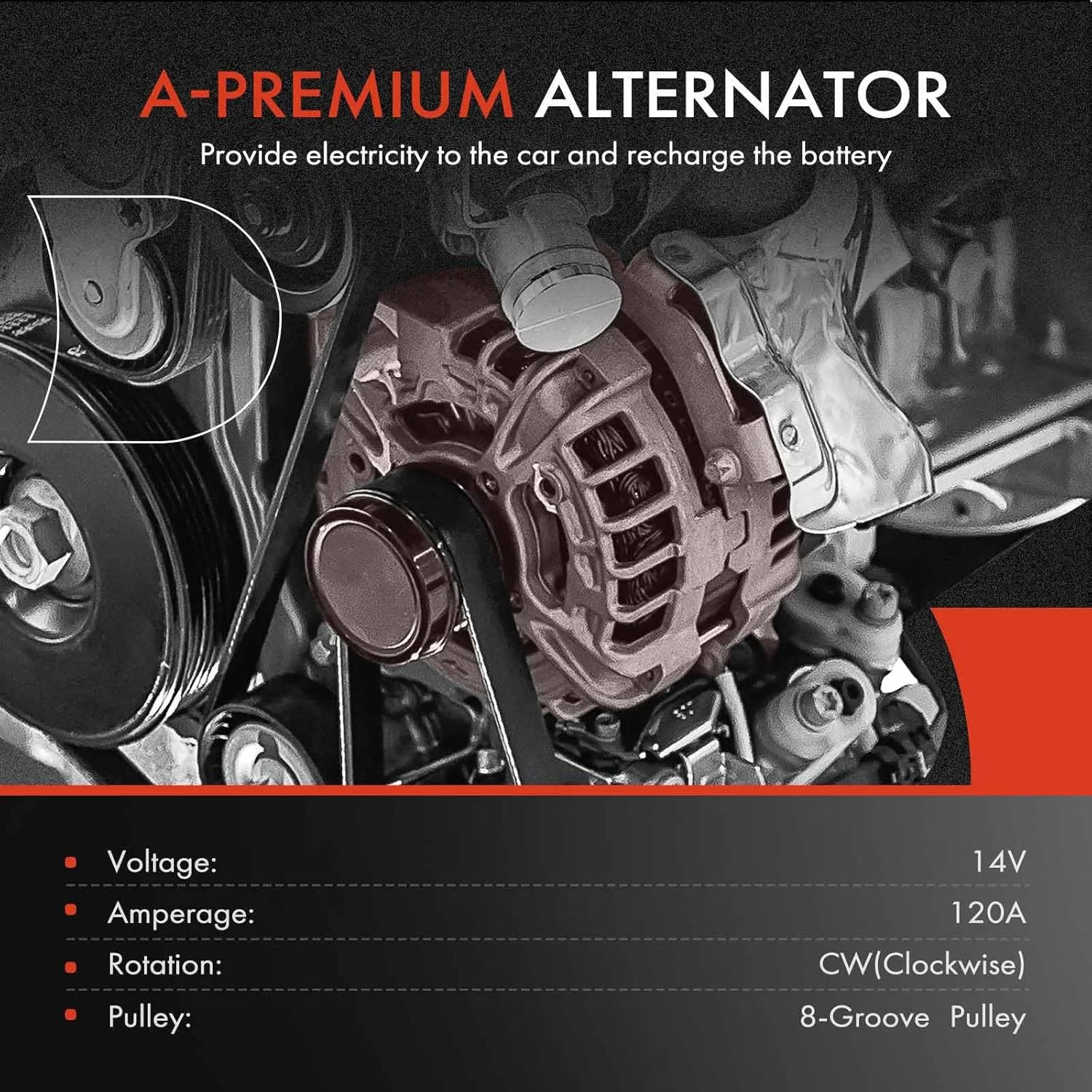 آلترناتور A-Premium سازگار با مرسدس بنز 300SE/500SEL/600SEL 1992-1993، 400SE 1992، 400SEL/500SEC/600SEC 1993، S320/S500 1994-1996، S420/S600 1994-1995، 14 ولت 120 آمپر پولی 8 شیار چرخش در جهت عقربه های ساعت