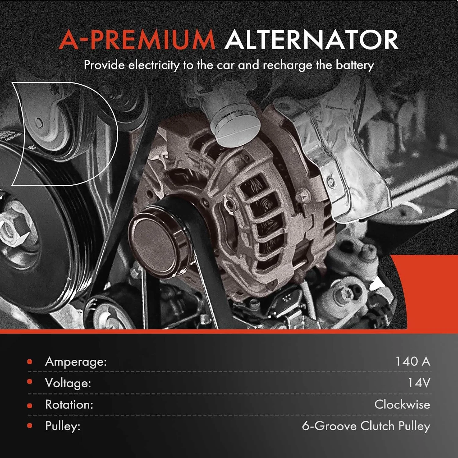 دینام A-Premium سازگار با Saab 9-3 2002-2003، 9-5 2002-2009، 14 ولت 140 آمپر، پولی کلاچ 6 شیار، چرخش در جهت عقربه های ساعت
