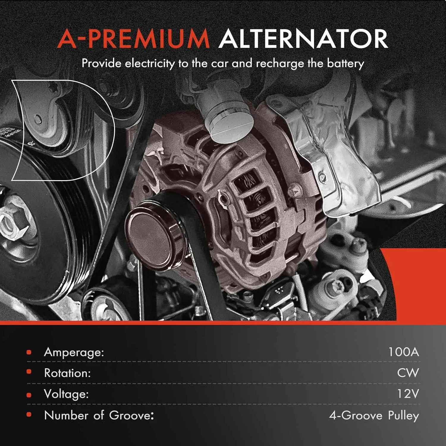 آلترناتور A-Premium سازگار با کرایسلر PT Cruiser 2006 2007 2008 2009 2010 2.4L، تنفس طبیعی، 12 ولت 100 آمپر پولی 4 شیار جهت عقربه های ساعت