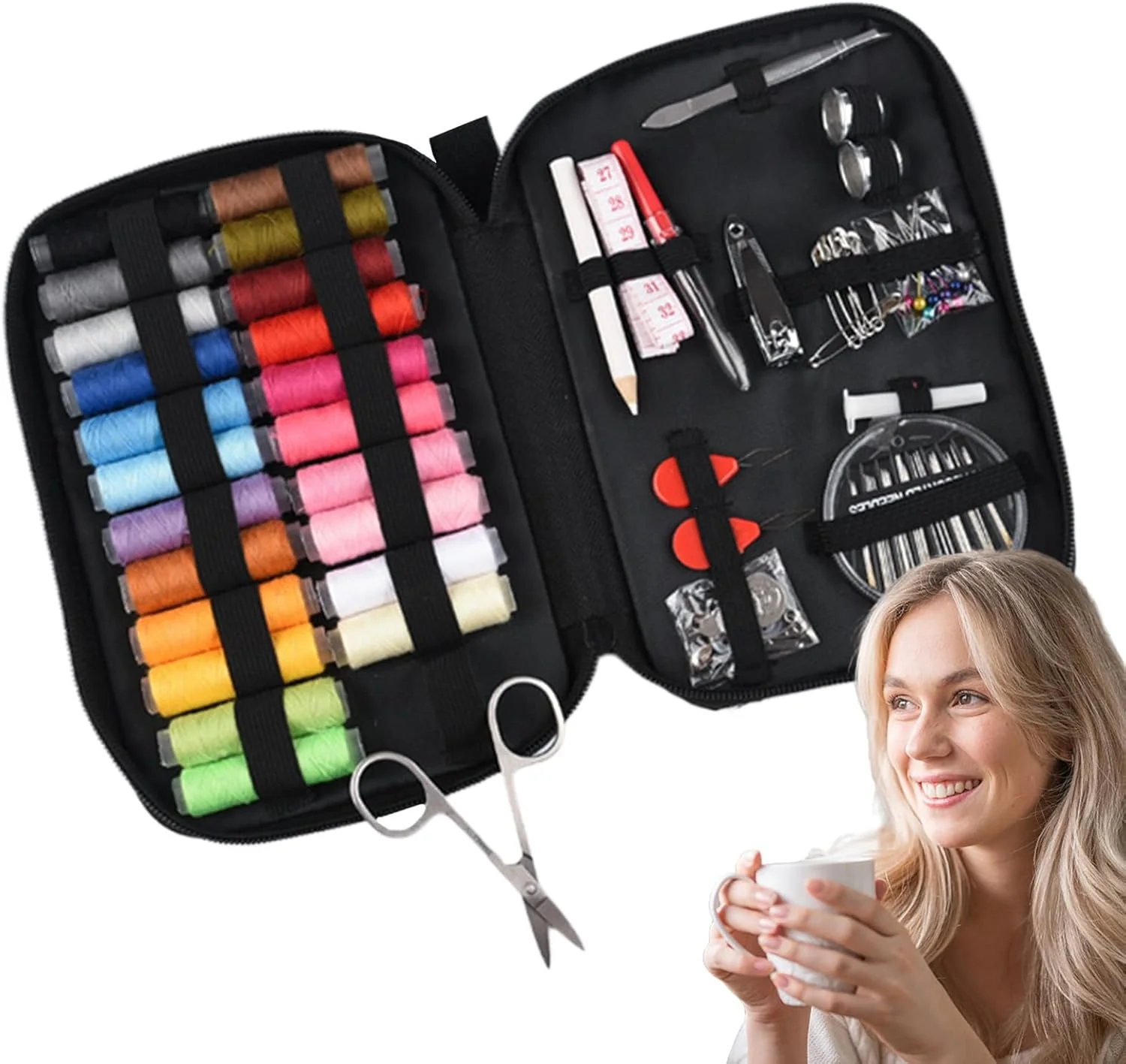 ست خیاطی - مجموعه نخ گلدوزی - ابزار چند منظوره با ذخیره سازی جمع و جور، مناسب برای تعمیر تجهیزات فضای باز، وصله کاری، لحاف دوزی، کاردستی اتاق خوابگاه، مقاوم و بادوام