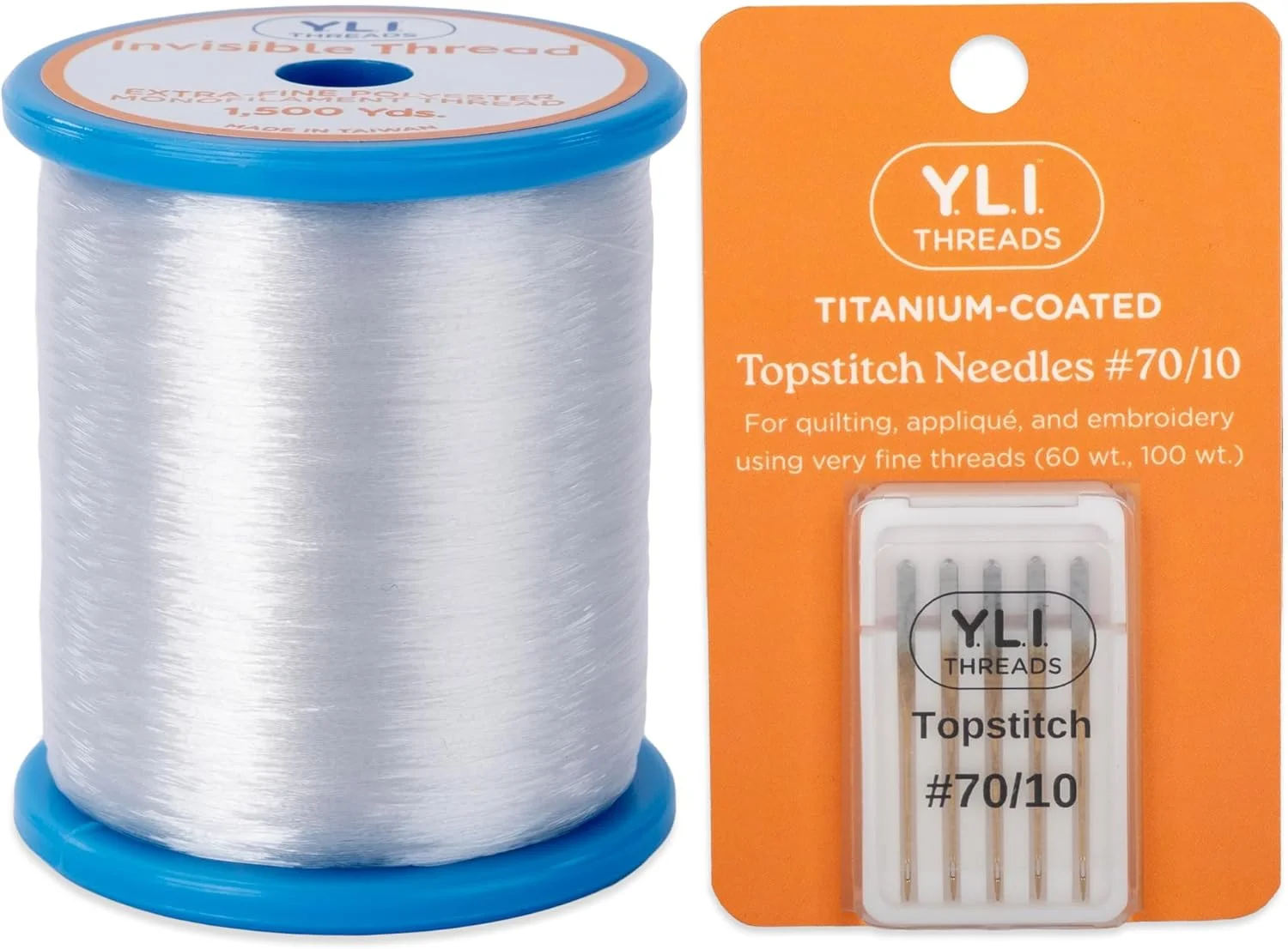 نخ نامرئی YLI - تک رشته ای پلی استر ظریف برای لحاف دوزی، تکه دوزی و دوخت در شیار (نخ نامرئی پلی و تاپ استیچ #70/10، بسته ترکیبی)