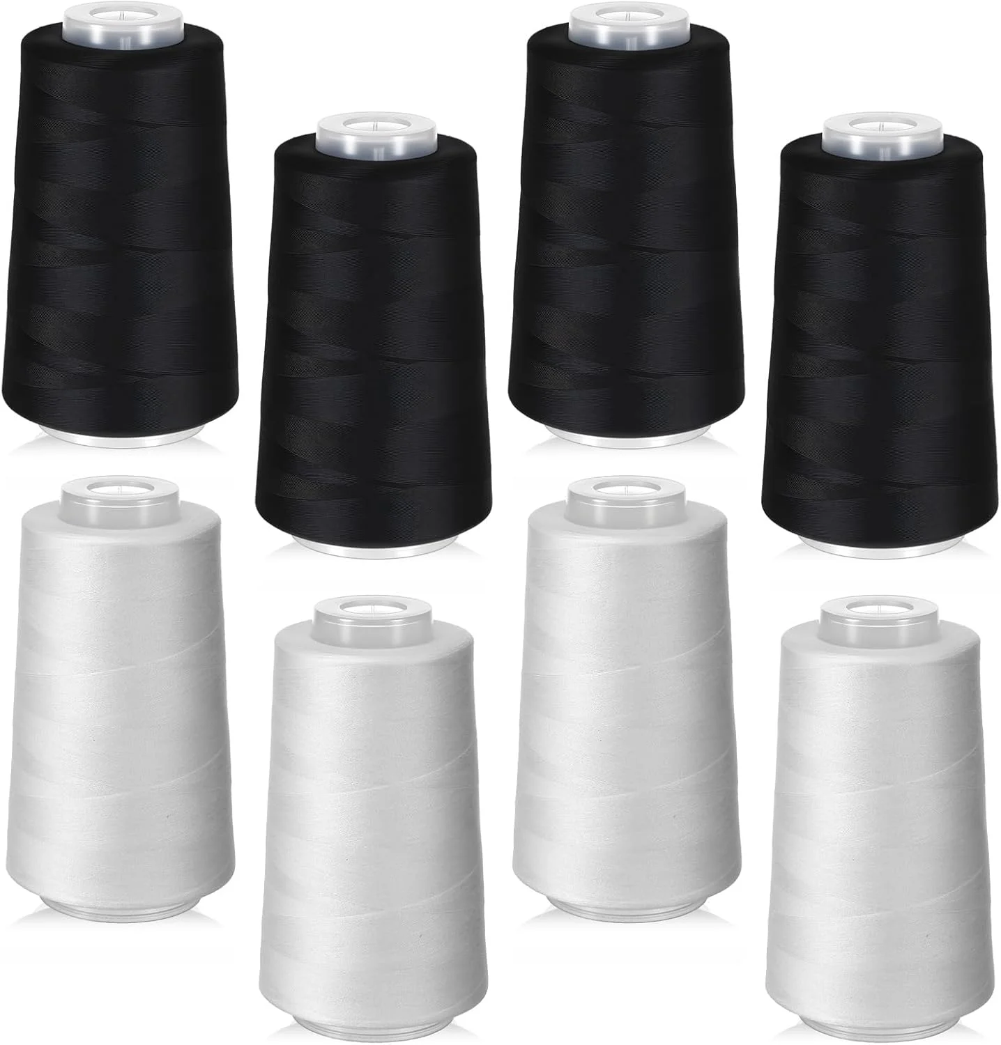 بسته 8 عددی نخ سردوز، قرقره های نخ پلی استر 3000 یاردی برای چرخ خیاطی، نخ های سردوز چند منظوره مشکی و سفید، مخروطی برای لحاف دوزی اورلاک