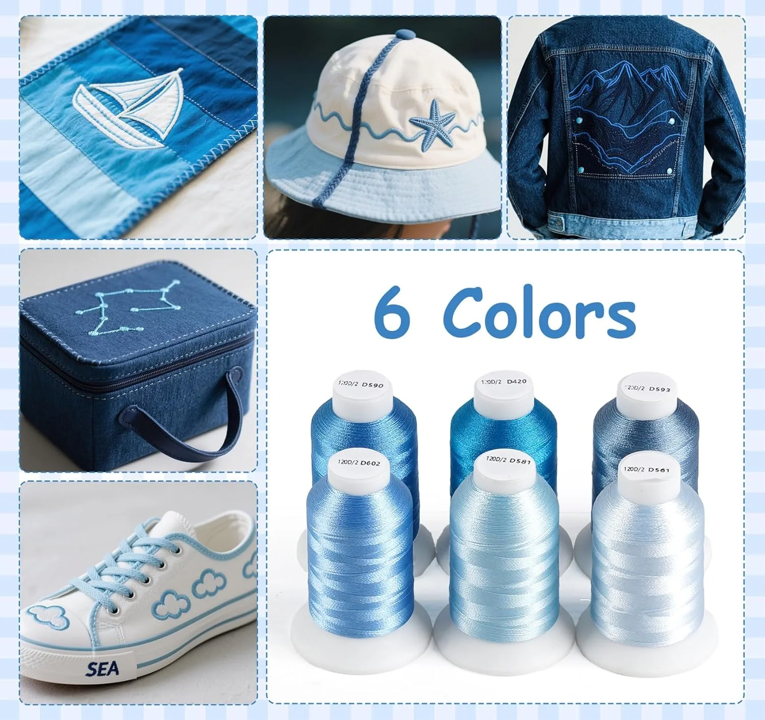 ست نخ خیاطی Lemonfilter، 6 رنگ نخ خیاطی 500 متری در هر قرقره، نخ های پلی استر Hilos para Coser برای چرخ خیاطی، کاردستی دستی، مجموعه نخ خیاطی برای مبتدیان (آبی) ست نخ خیاطی Lemonfilter، 6 رنگ نخ خیاطی 500 متری در هر قرقره، نخ های پلی استر Hilos para Coser برای چرخ خیاطی، کاردستی دستی، مجموعه نخ خیاطی برای مبتدیان (آبی)