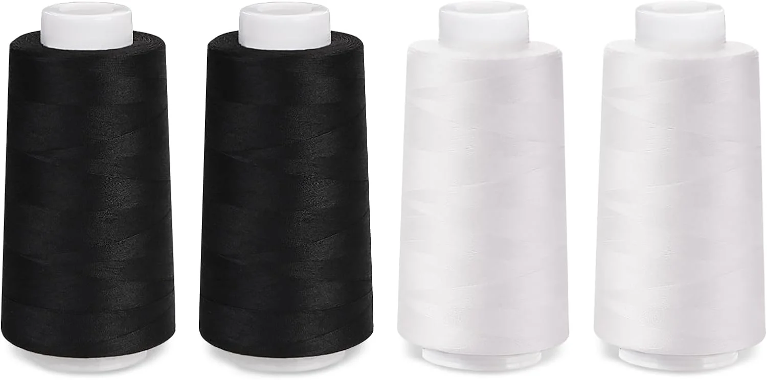 نخ خیاطی سفید ilauke 4 عدد 3000 یاردی، نخ سردوز، قرقره نخ پلی استر مشکی و سفید، مخروطی اورلاک برای چرخ خیاطی