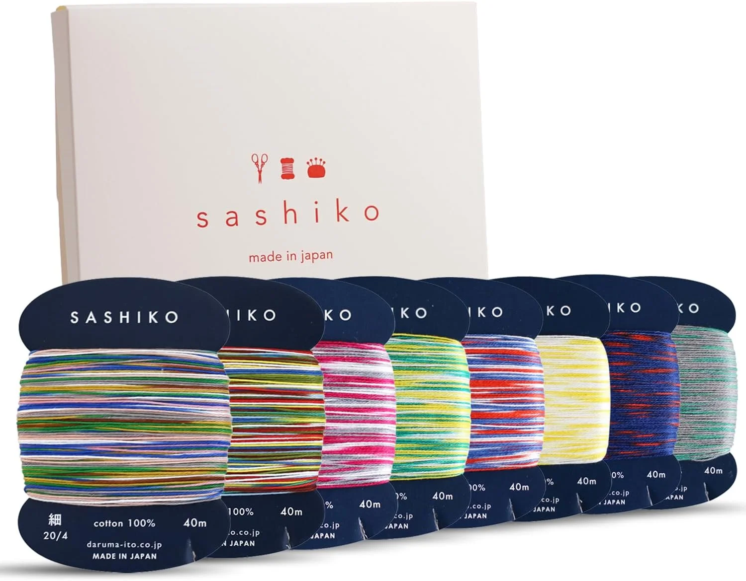 نخ ساشیکو داروما 100% پنبه نوع کارتی (40 متر) x 8 رنگ با دفترچه راهنمای انگلیسی، ست ارزشمند خیاطی و گلدوزی (Kasuri)