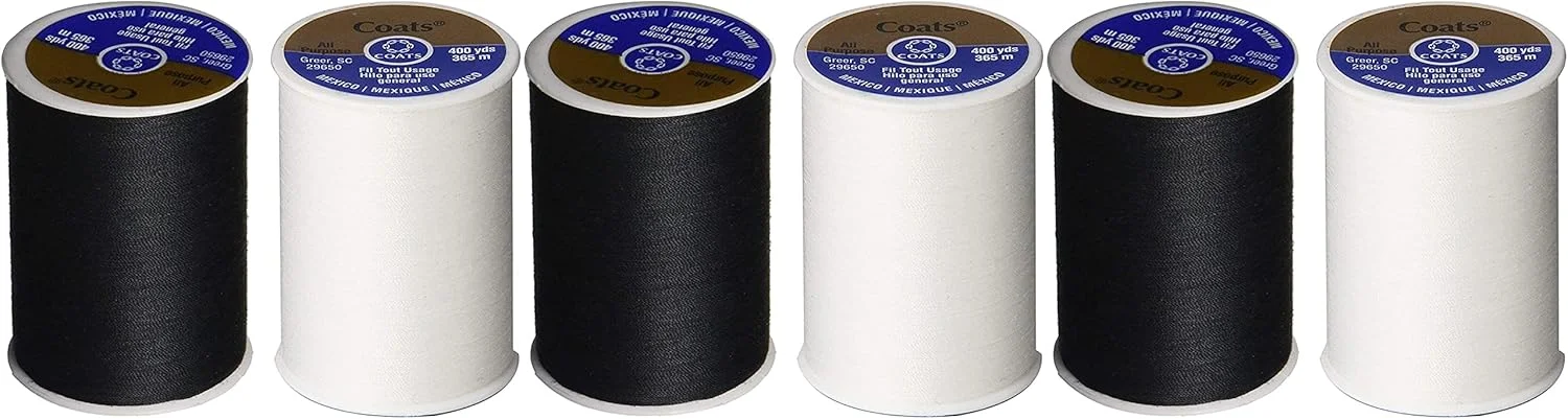 بسته 3 عددی نخ خیاطی همه منظوره Coats & Clark Dual Duty - دو عدد مشکی و سفید - یک قرقره 400 یاردی از هر رنگ مشکی و سفید