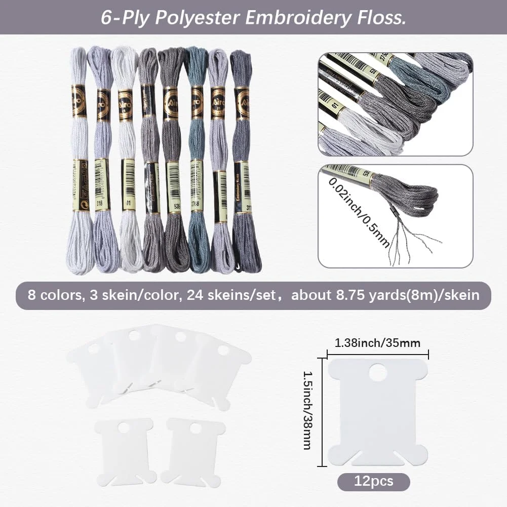 نخ گلدوزی 24 رشته ای CABODYALS، 6 رشته ای، خاکستری، گرادیان رنگارنگ، دستبندهای دوستی، نخ کوک متقاطع، بسته عمده با 12 قرقره نخ برای ساخت دستبند، خیاطی، بافندگی، صنایع دستی