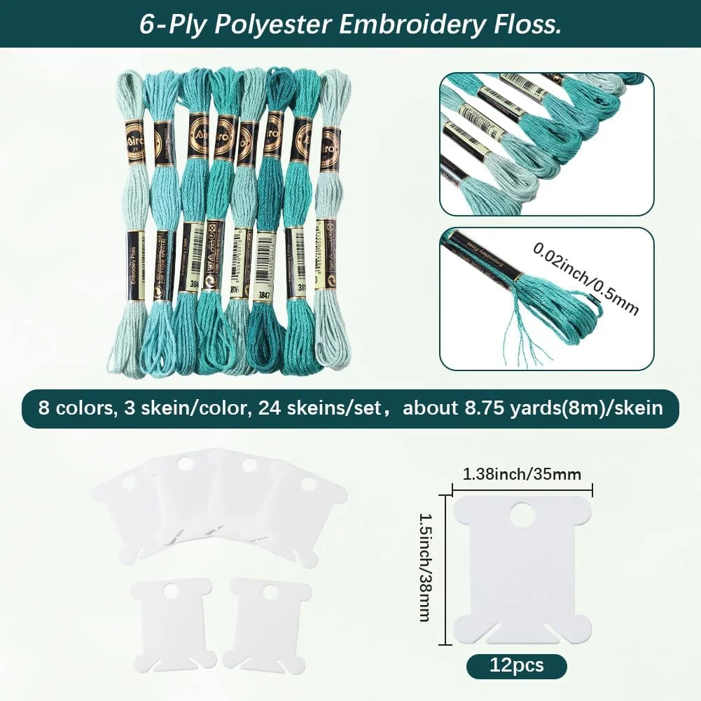 نخ گلدوزی سبز CABODYALS، 24 کلاف 6 رشته ای، نخ کوک متقاطع گرادیانی رنگارنگ، نخ دستبند دوستی، بسته عمده با 12 ماسوره نخ برای خیاطی، بافتنی دستی، صنایع دستی و DIY