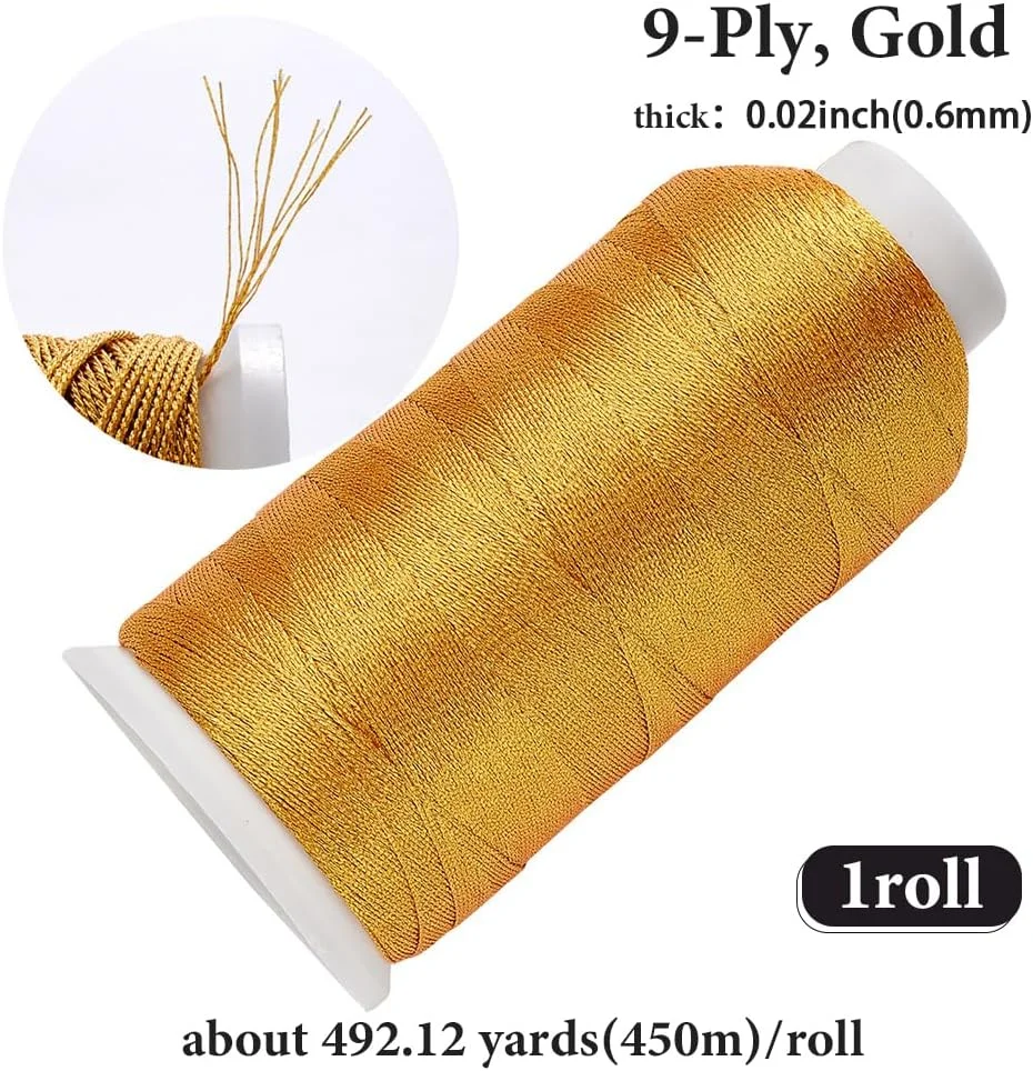 نخ گلدوزی طلایی متالیک CABODYALS 450M، نخ نایلونی برای کوک ضربدری، نخ قرقره 9 لایه برای دستبندهای دوستی تزئینی، مناسب برای خیاطی، ساخت کاردستی، هنر سوزن دوزی، بافتنی و دوخت