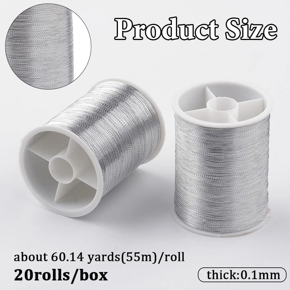 کابودیالز 20 قرقره نخ نقره ای 1100 متری براق برای گلدوزی، خیاطی با ماشین، لحاف دوزی، نخ های زرق و برق دار فلزی PET برای دوخت، ساخت کاردستی، سوزن دوزی و تزئین لباس
