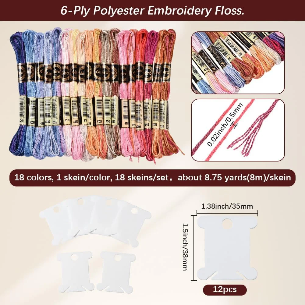 نخ گلدوزی رنگارنگ CABODYALS، 18 کلاف 6 رشته ای، نخ پلی استر گرادیانی برای دوخت ضربدری، نخ دستبند دوستی با 12 قرقره نخ برای دوخت دستی، ساخت جواهرات و لباس