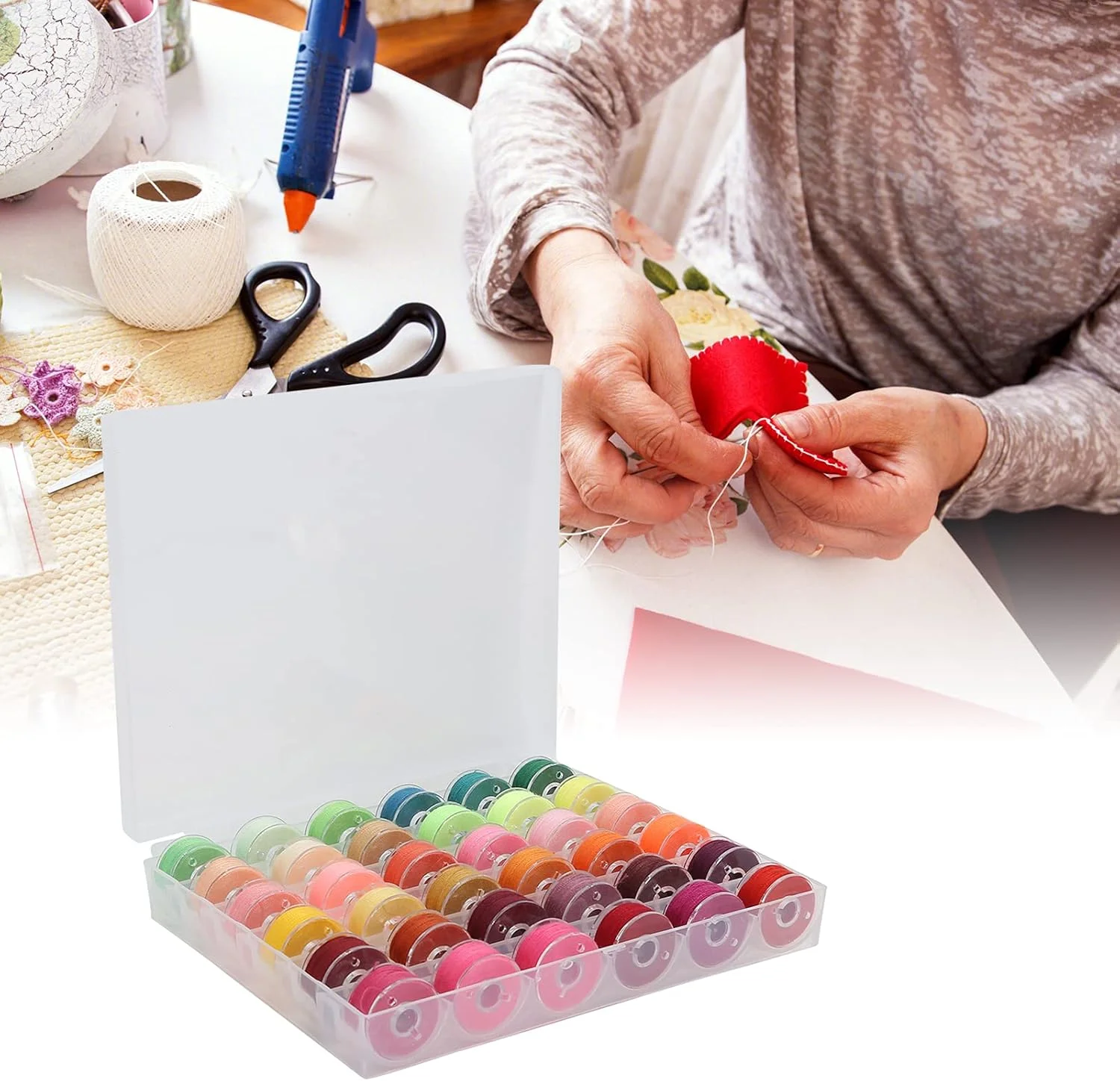 ست نخ خیاطی پلی استر 36 رنگی با جعبه بوبین شفاف برای چرخ خیاطی