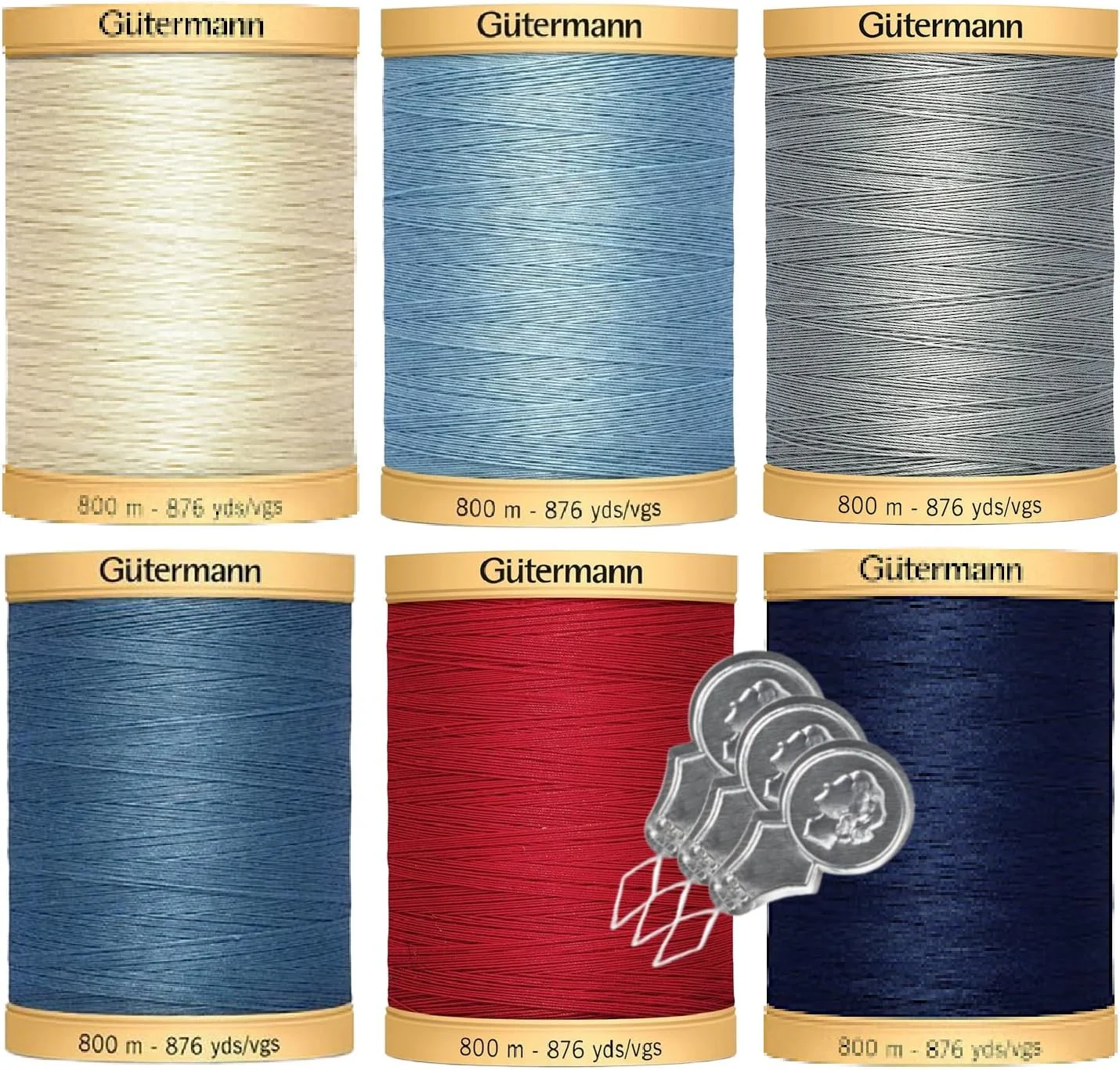 بسته 6 عددی نخ پنبه طبیعی گوترمن Bella's Crafts (876 یارد/800 متر هر کدام) به همراه 3 سوزن نخ کن (آمریکانا)