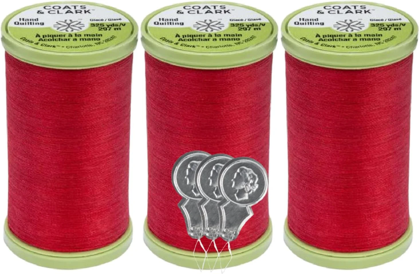 نخ لحاف دوزی دستی Coats & Clark از Bella's Crafts - پلی استر روکش شده با پنبه - 325 یارد - بسته 3 عددی S960 به همراه 3 عدد سوزن نخ کن (قرمز)