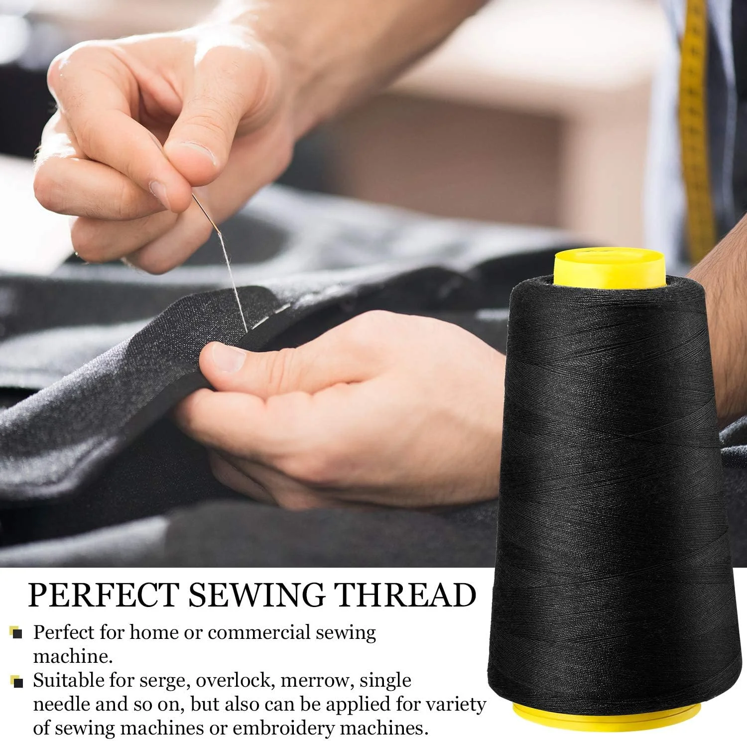 نخ خیاطی BBTO، 6 رول 3000 یاردی (هر کدام)، نخ چرخ خیاطی سردوز، نخ پلی استر، قرقره نخ اورلاک، نخ مخروطی برای چرخ خیاطی لحاف دوزی همه منظوره (سیاه، سفید)