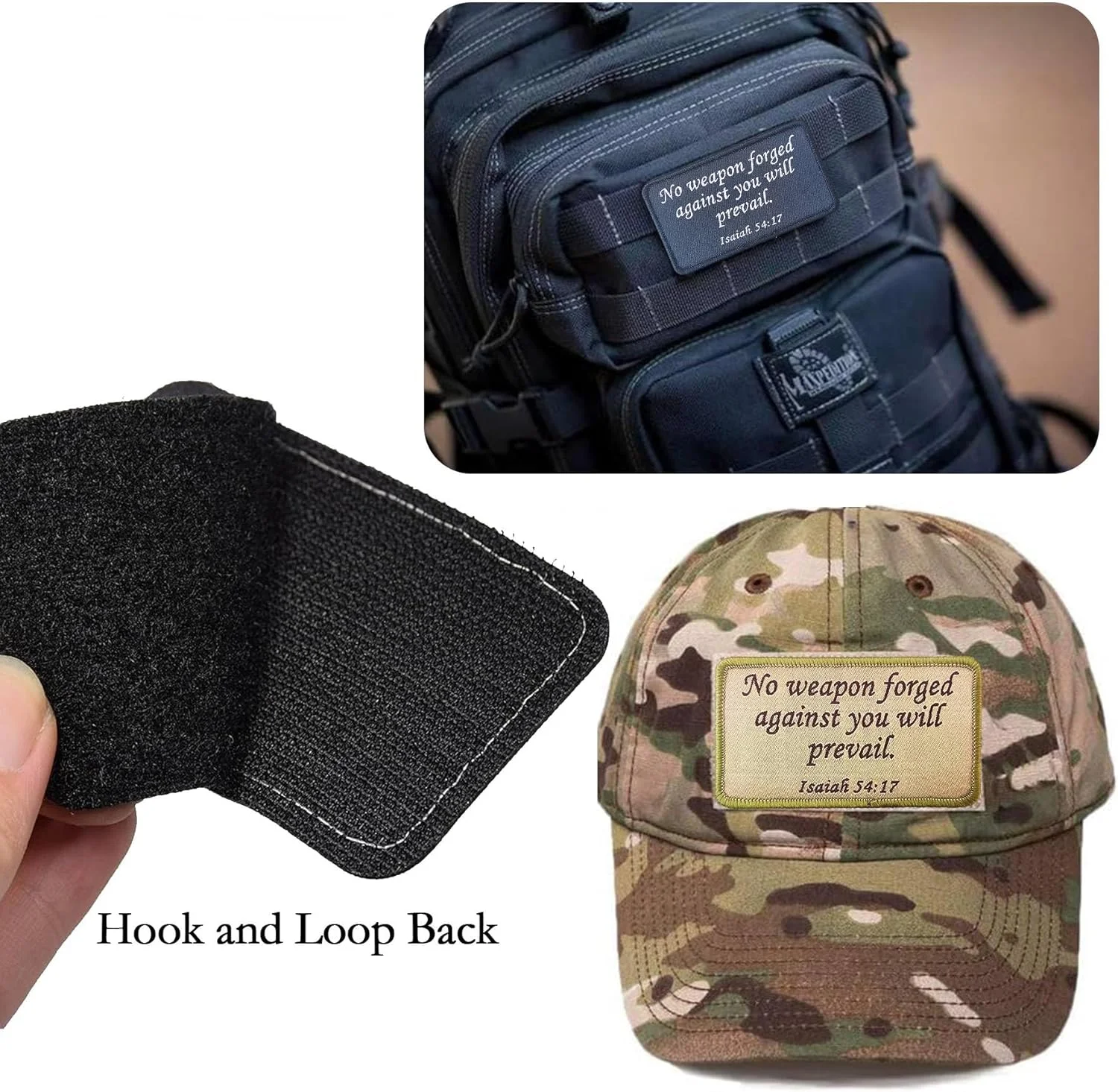 نشان اخلاقی تاکتیکی BDIHS Isaiah 54:17، آیه کتاب مقدس هیچ سلاحی که علیه تو ساخته شود پیروز نخواهد شد، وصله گلدوزی شده با قلاب و حلقه