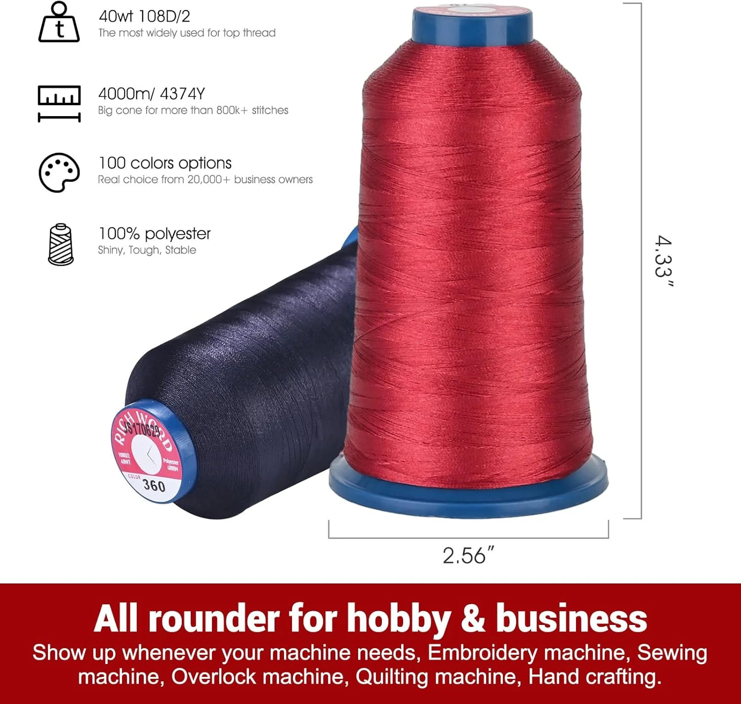 نخ گلدوزی قرمز BAi، نخ ماشین با قرقره سایز بزرگ 100% پلی استر - بسته 3 عددی 5000 متری (120D/2) نخ بادوام برای ماشین های گلدوزی پرسرعت