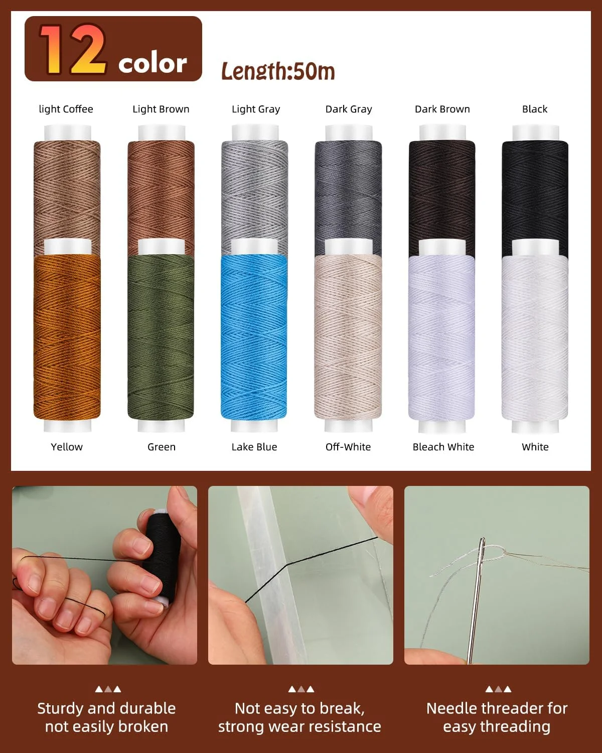 ست خیاطی چرم BAGERLA، کیت تعمیر روکش، ست 48 تکه دوخت چرم با نخ روکش، درفش خیاطی، بشکاف، سوزن، انگشتانه برای تعمیر، دوخت، کاردستی چرمی DIY