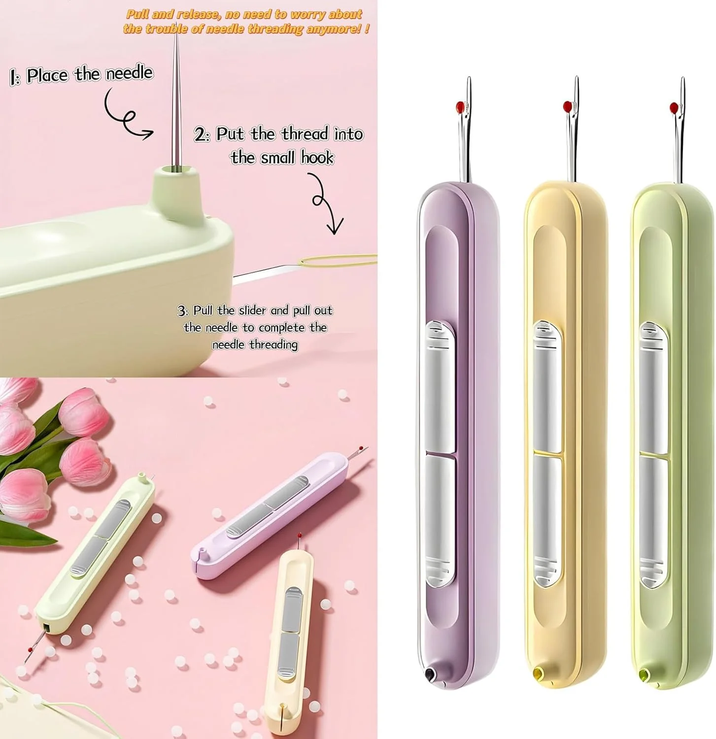 بسته 3 عددی ابزار ارتقا یافته 2 در 1 سوزن نخ کن اتوماتیک و جداکننده درز، ابزار خیاطی چند منظوره قابل اتصال و کشش برای کیت های خیاطی دستی، بافندگی، گلدوزی، سوزن دوزی، نخ