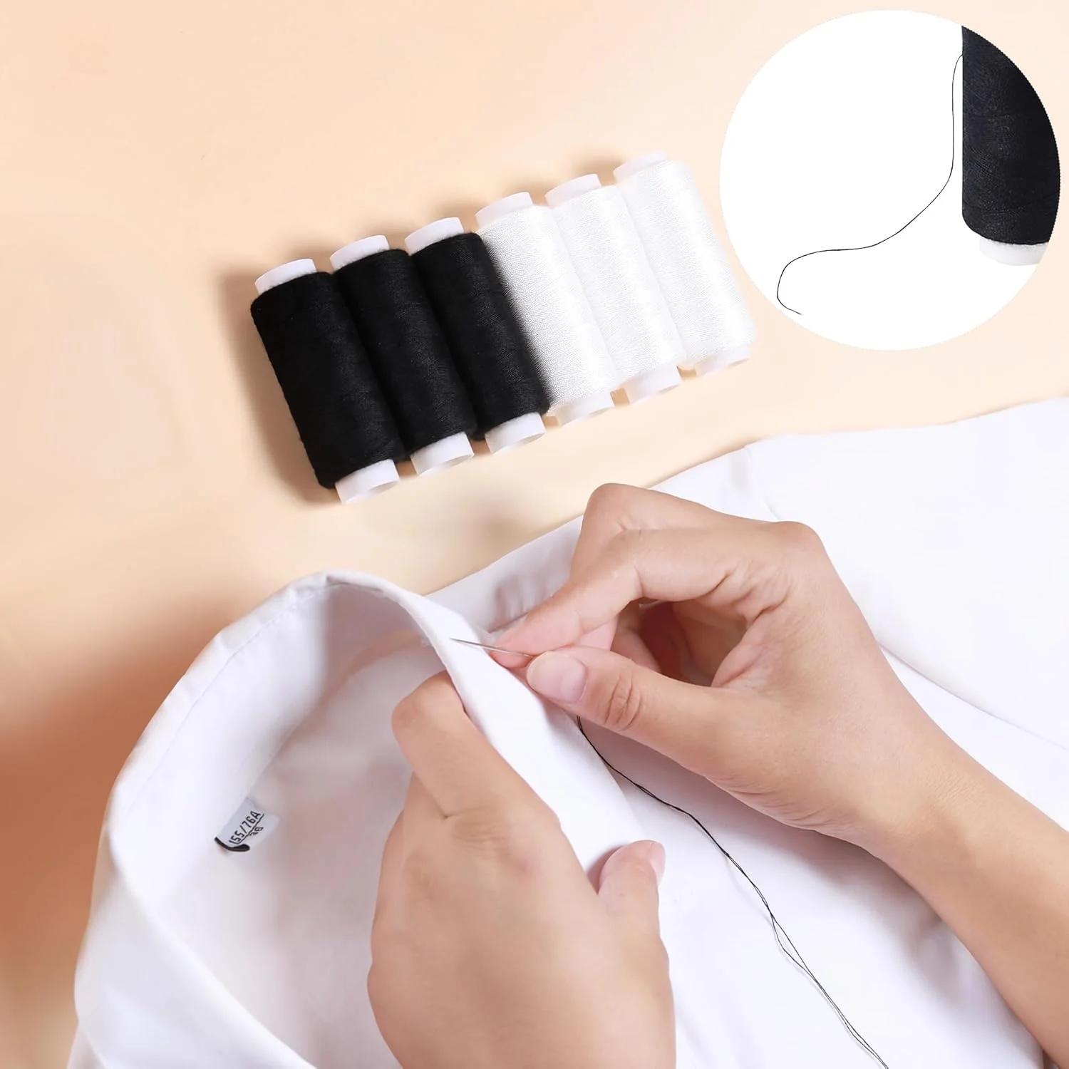 نخ خیاطی AUERVO، بسته 6 عددی سیاه و سفید 250 یاردی نخ پلی استر چرخ خیاطی برای خیاطی دستی، ماشینی، نخ چند منظوره با کیفیت عالی