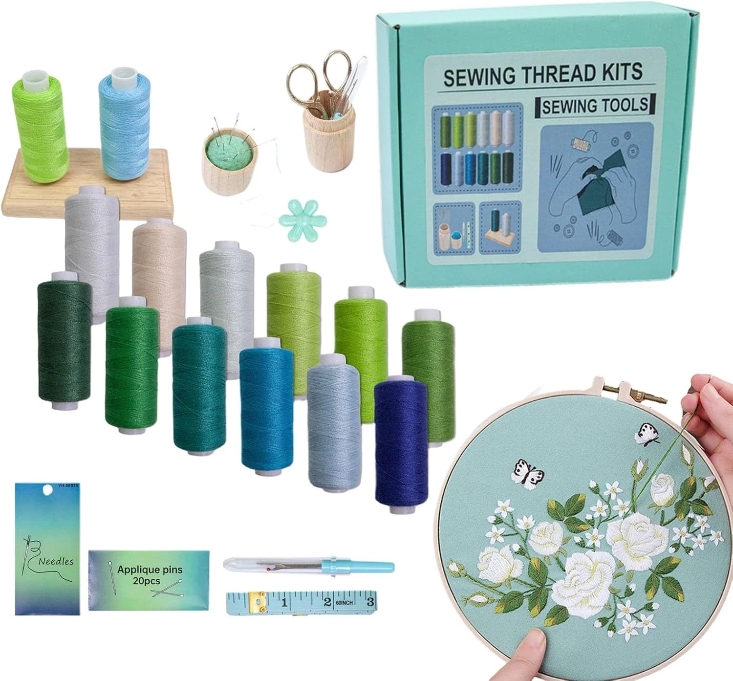 مجموعه نخ خیاطی 53 تکه ای برای خیاطی دستی | لوازم گلدوزی، دوخت، لحاف دوزی برای مبتدیان مدرسه، مسافرت، فضای باز، کودکان، خانه، عروسی