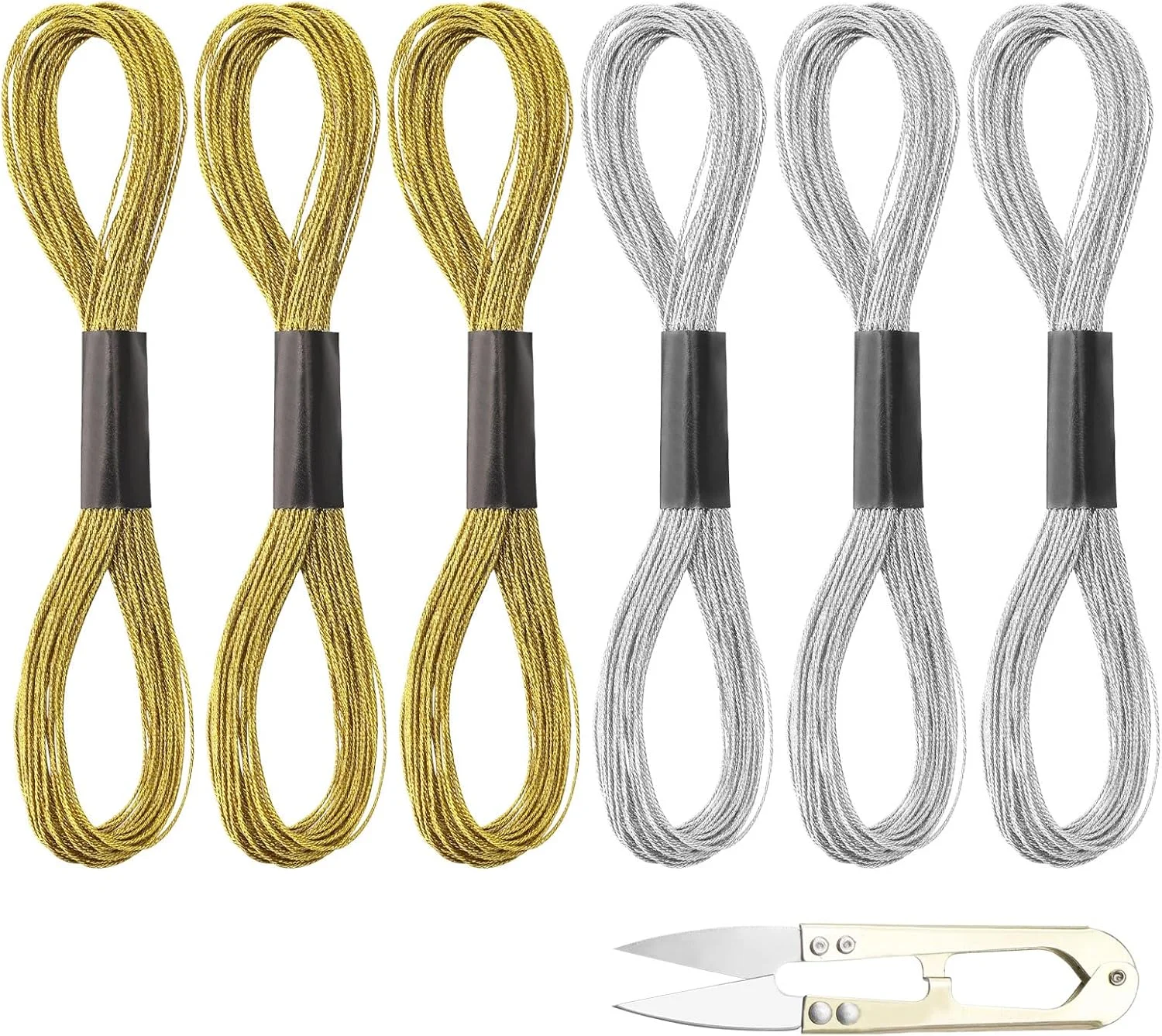 APOMOONS بسته 6 عددی نخ گلدوزی متالیک به همراه قیچی، 8 متر نخ نقره ای و نخ طلایی، نخ خیاطی نخ گلدوزی طلایی نخ طلایی برای صنایع دستی، نخ طلایی نخ نقره ای برای گلدوزی ضربدری