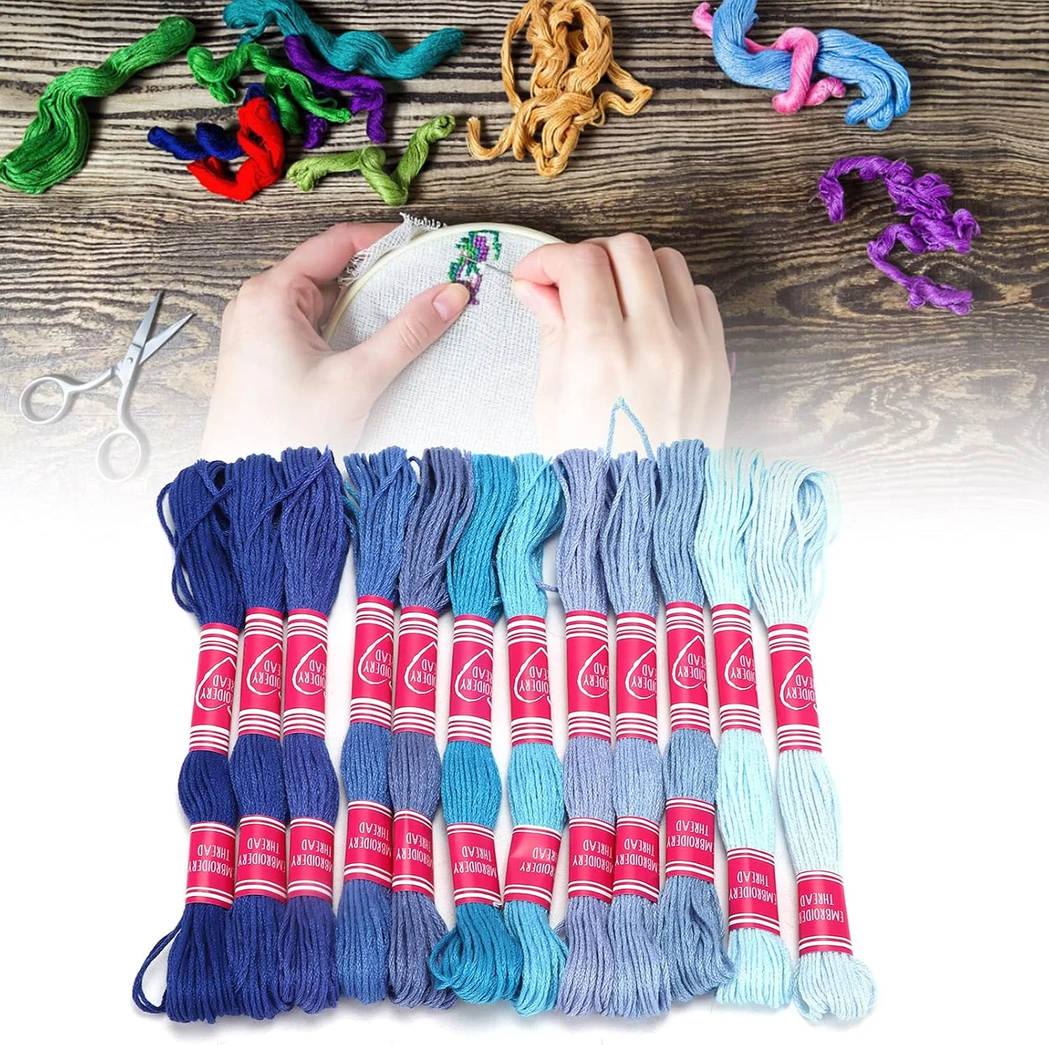 مجموعه نخ گلدوزی ALQYQG، نخ گلدوزی محکم 12 عددی برای کاردستی DIY برای کودکان دختر، برای دوستان خانوادگی، برای ابزار صنایع دستی (سری آبی)