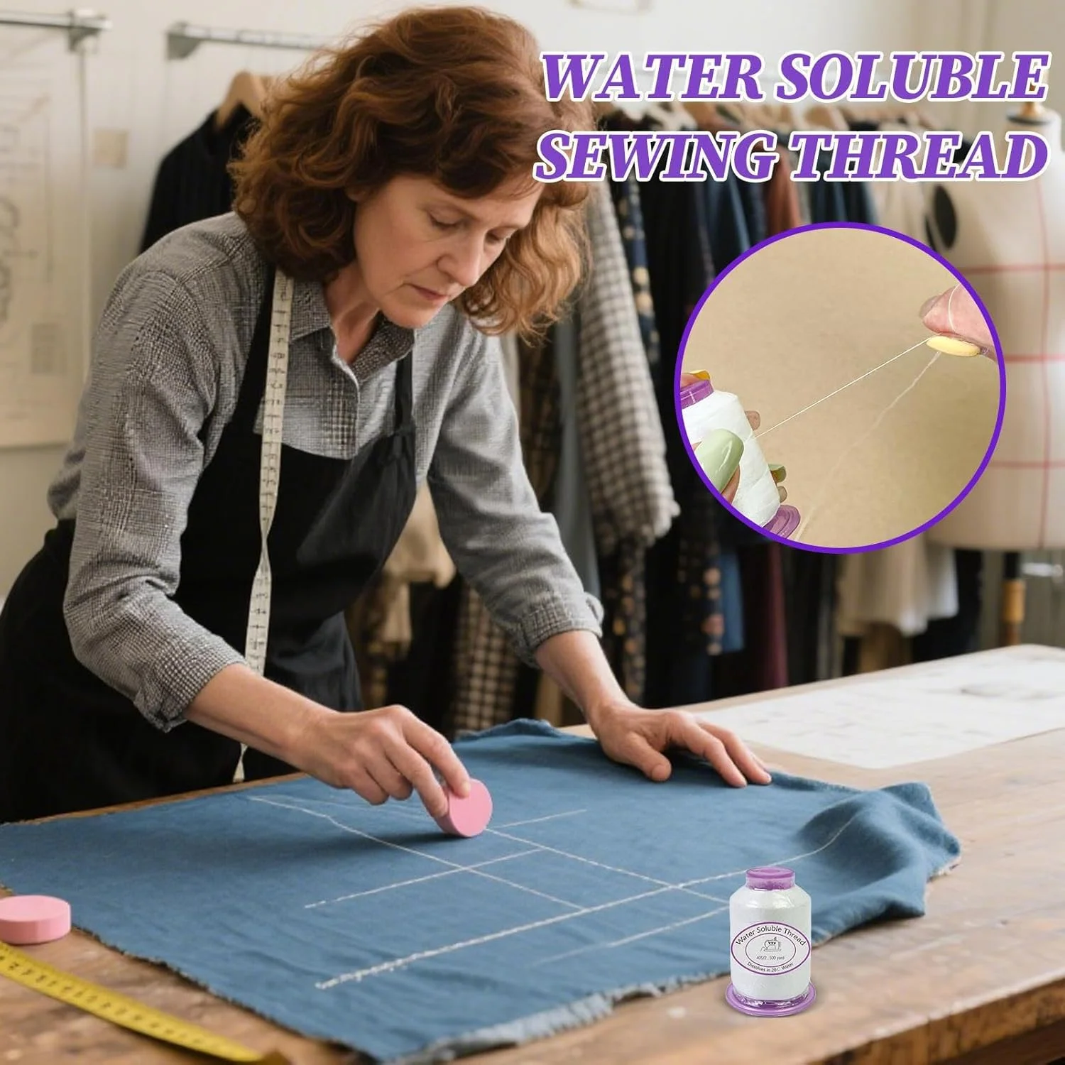 نخ خیاطی چند منظوره - 455 متر نخ خیاطی محلول در آب، نخ حل شدنی برای تعمیر پارچه، کار گلدوزی، پروژه های لحاف دوزی، ساخت لباس