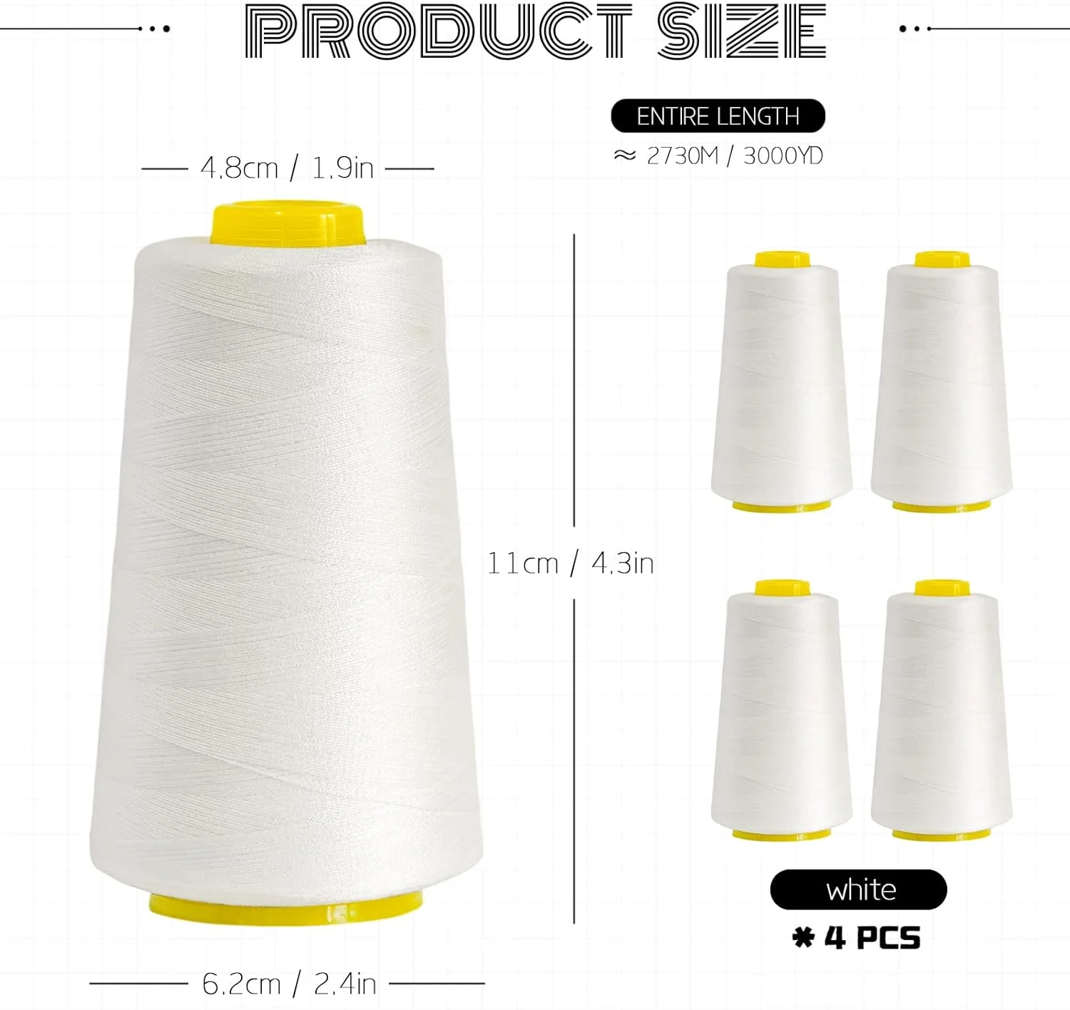 نخ خیاطی پلی استر چند منظوره - بسته 4 عددی (در مجموع 12000 یارد) - مخروط های نخ سفید برای سردوز، اورلاک، لحاف دوزی و ماشین های خیاطی