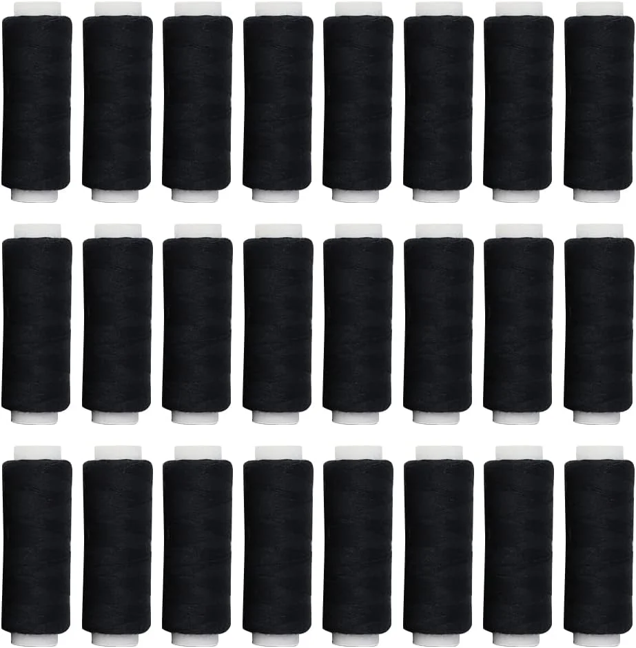 نخ خیاطی پلی استر مشکی Accessotech، مناسب برای چرخ خیاطی و دست دوزی، کیت قرقره نخ پنبه ای به همراه لوازم جانبی، تقریبا 182 متر در هر قرقره