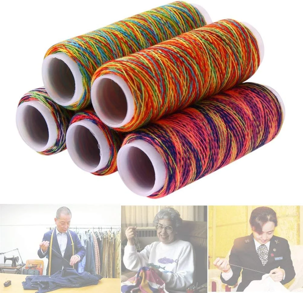 ست نخ چند رنگ ABchat، 5 قرقره نخ پلی استر رنگارنگ برای گلدوزی دستی و ماشینی، نخ خیاطی بادوام و کاربردی