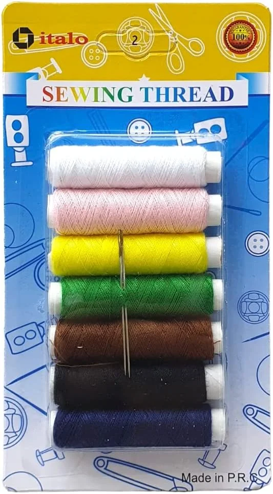 ست 7 عددی نخ خیاطی پلی استر تابیده شده برای خیاطی عمومی و تعمیرات، چند رنگ، تقریباً 50 متر در هر عدد و دارای دو سوزن خیاطی
