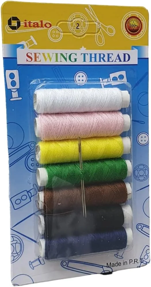 ست 7 عددی نخ خیاطی پلی استر تابیده شده برای خیاطی عمومی و تعمیرات، چند رنگ، تقریباً 50 متر در هر عدد و دارای دو سوزن خیاطی