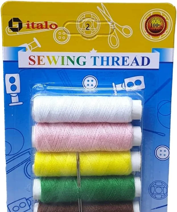 ست 7 عددی نخ خیاطی پلی استر تابیده شده برای خیاطی عمومی و تعمیرات، چند رنگ، تقریباً 50 متر در هر عدد و دارای دو سوزن خیاطی