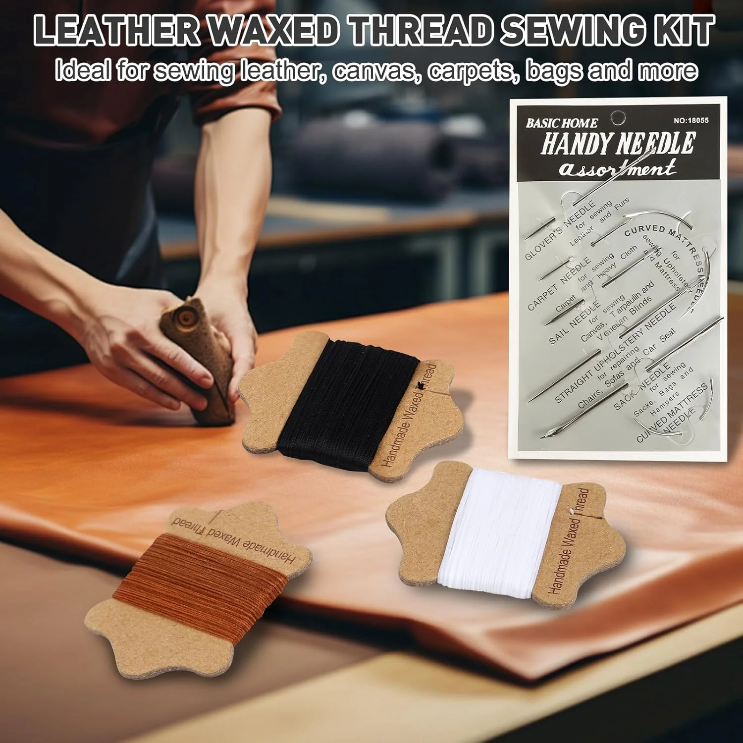 ست نخ موم زده سه رنگ ZBY برای خیاطی بزرگسالان، 22 یارد نخ خیاطی در هر رنگ، ست خیاطی روکش شامل 7 سوزن خیاطی دستی سنگین، کیت تعمیر چرم برای مبلمان، کفش، بوم، فرش