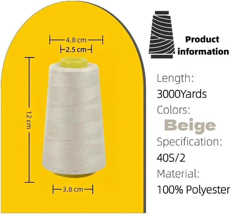 نخ خیاطی 3000 یاردی بژ، نخ چرخ خیاطی پلی استر برای لباس، بافتنی