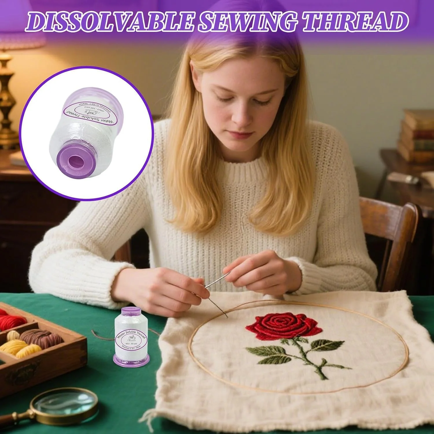 نخ چرخ خیاطی، 455 متر نخ محلول در آب | نخ حل شدنی برای ایجاد هنر پارچه ای، پروژه های لحاف دوزی، کارهای گلدوزی، ساخت لباس، علاقه مندان به سرگرمی