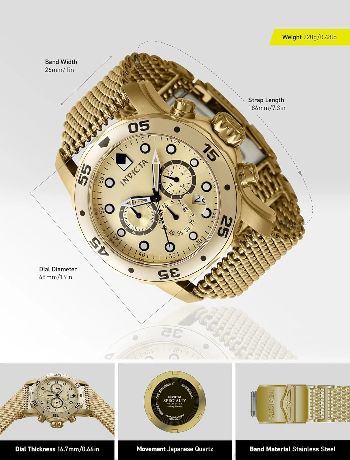 ساعت مچی عقربهای مردانه اینویکتا مدل Pro Diver با صفحه و بند طلایی استیل ضد زنگ - 47240، طلایی ساعت مچی عقربهای مردانه اینویکتا مدل Pro Diver با صفحه و بند طلایی استیل ضد زنگ - 47240، طلایی