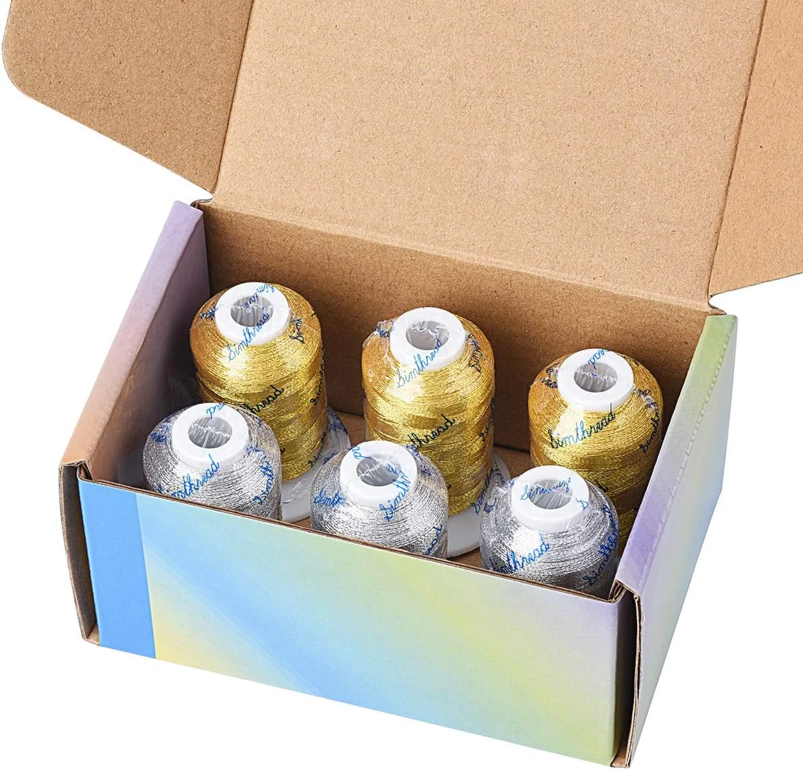 نخ گلدوزی فلزی Simthread، 6 قرقره (3 طلایی + 3 نقره ای)، 500 متر (550 یارد) برای گلدوزی و خیاطی تزئینی
