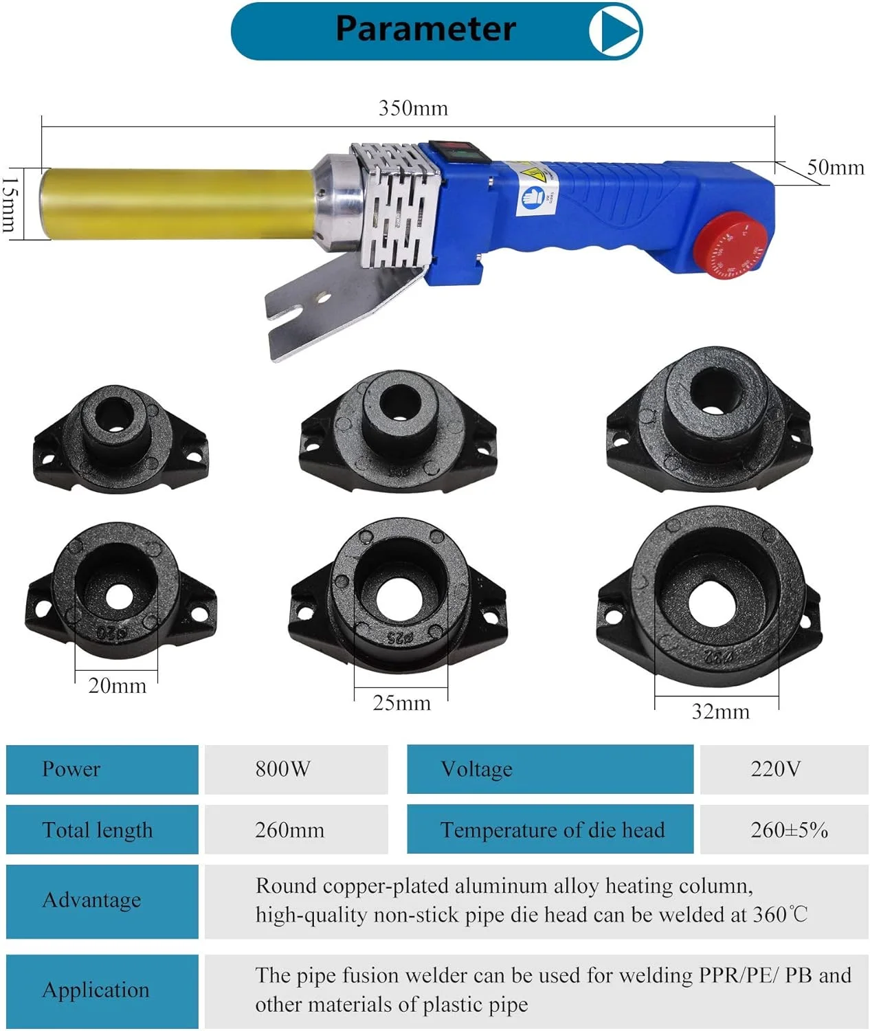 دستگاه جوش لوله GZDcjsc، دستگاه جوش لوله آب، دستگاه جوش پلاستیک ذوب داغ برای جوشکاری لوله های 20-32 PPR/PE/PP، فیوز مسی 800 وات 220 ولت