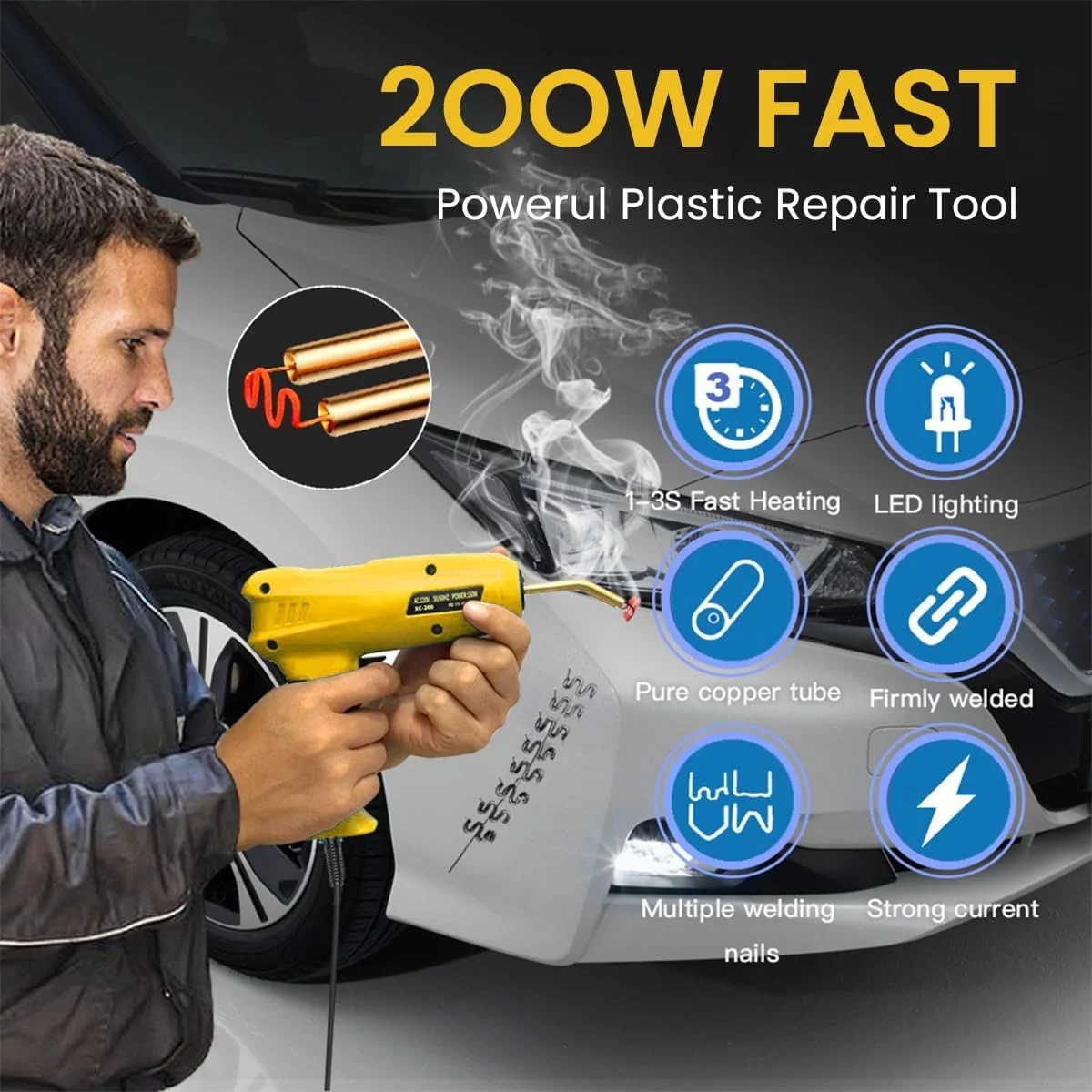 دستگاه جوش پلاستیک Serplex® 200W، کیت منگنه گرم، تفنگ جوش پلاستیک با چراغ، کیت تعمیر سپر خودرو با 200 عدد منگنه، دستگاه جوش پلاستیک و تفنگ لحیم کاری، کیت تعمیر پلاستیک