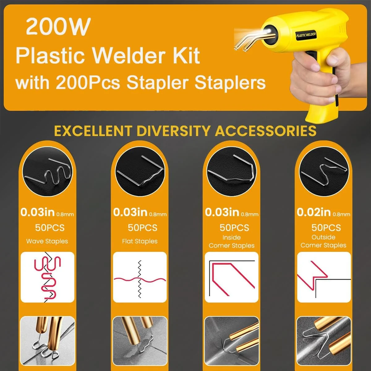 دستگاه جوش پلاستیک Serplex® 200W، کیت منگنه گرم، تفنگ جوش پلاستیک با چراغ، کیت تعمیر سپر خودرو با 200 عدد منگنه، دستگاه جوش پلاستیک و تفنگ لحیم کاری، کیت تعمیر پلاستیک