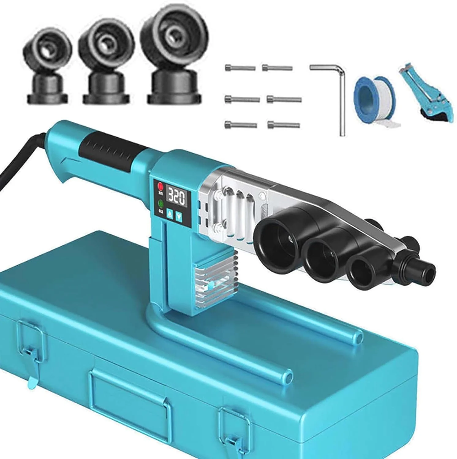 دستگاه جوش لوله پلاستیکی، جوشکار لوله PE/PB/PPR با نمایشگر دیجیتال، 0-320 درجه سانتیگراد، اتلاف حرارت دوگانه، قالب ضد انسداد، به همراه قیچی حرفه ای و جعبه فلزی (#32)