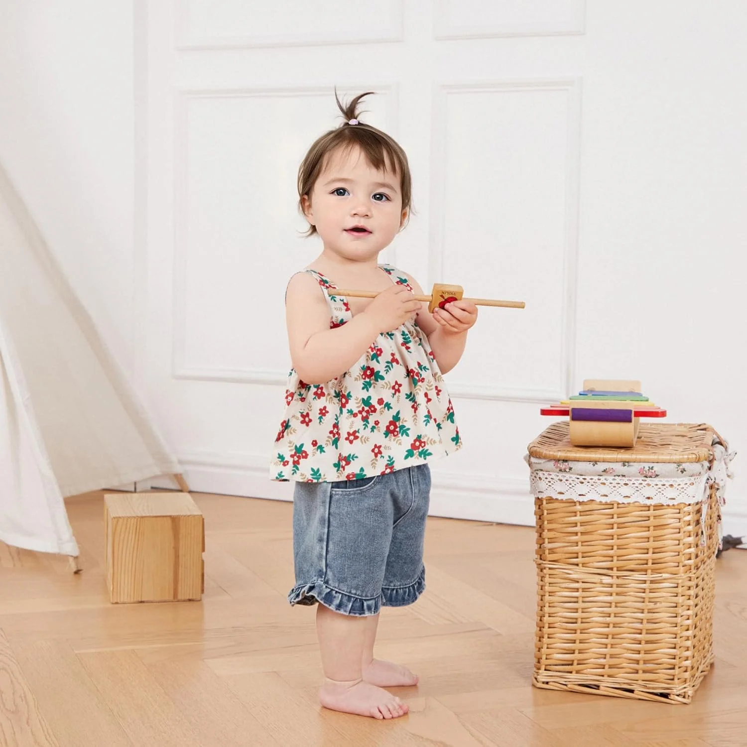 ست جین دخترانه تادلر، تاپ نیم تنه گلدار، تاپ رکابی بدون آستین، شلوارک جین چین دار، لباس تابستانی نوزاد 0-4 سال