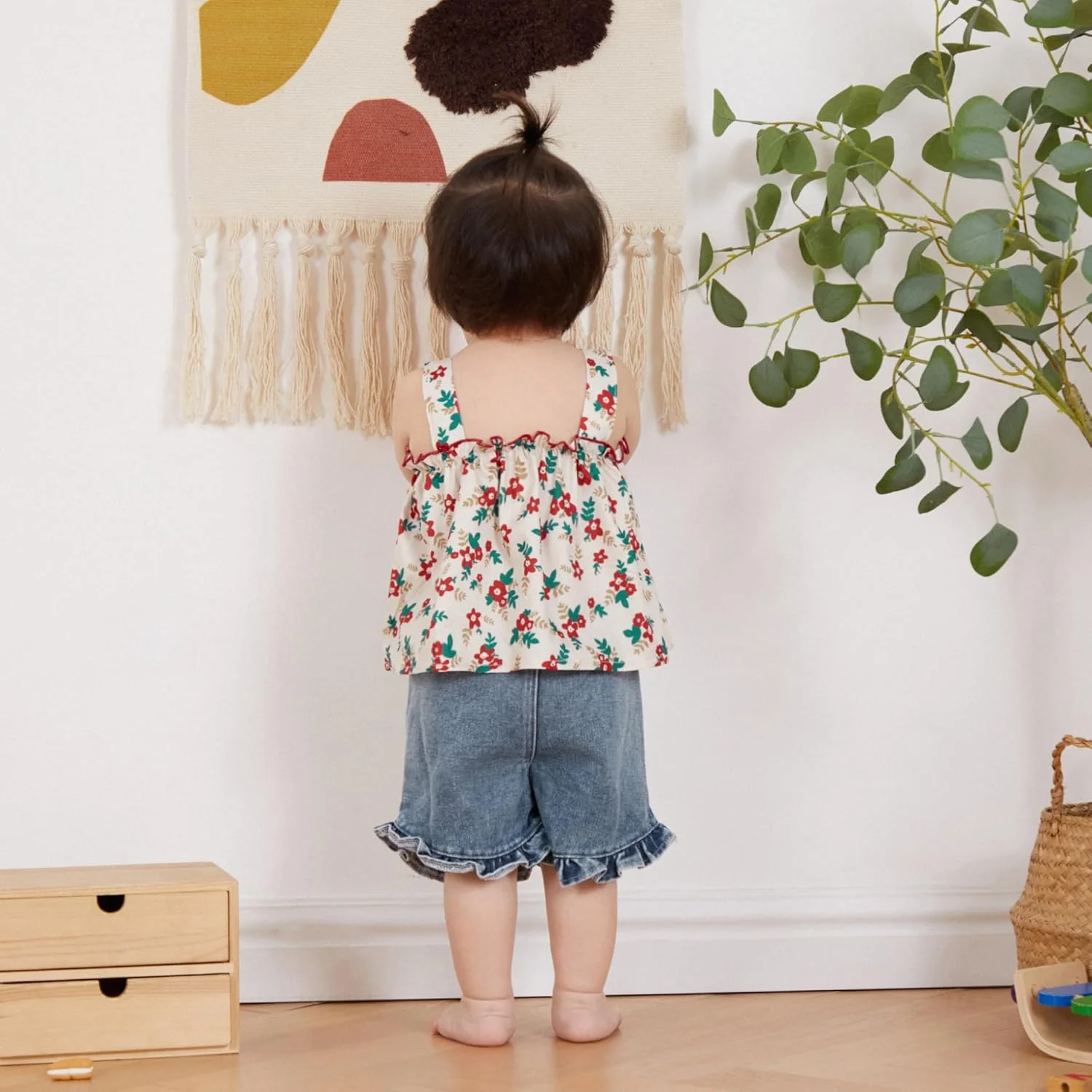 ست جین دخترانه تادلر، تاپ نیم تنه گلدار، تاپ رکابی بدون آستین، شلوارک جین چین دار، لباس تابستانی نوزاد 0-4 سال