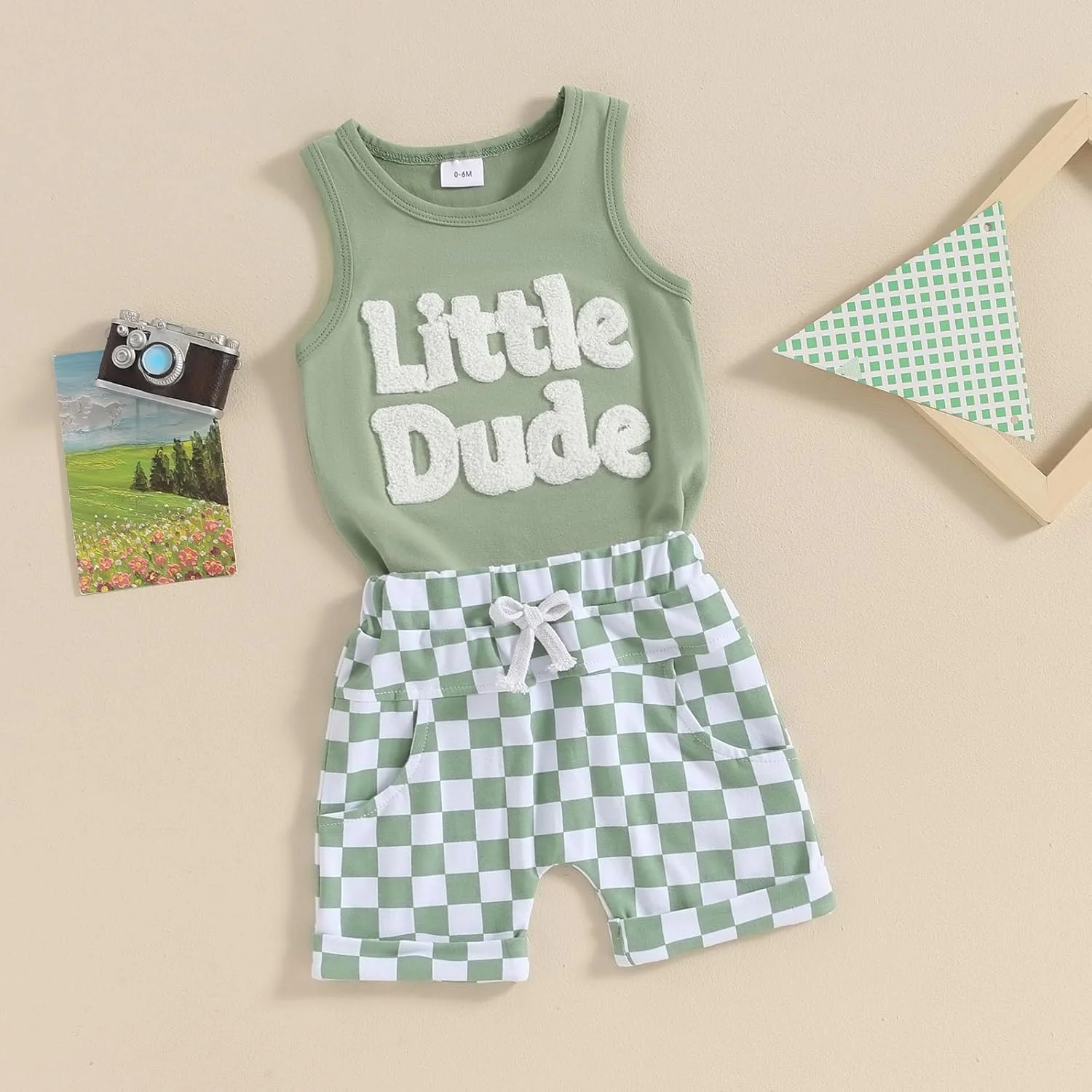 ست لباس تابستانی پسرانه SXYPAYXS، تاپ بدون آستین با طرح حروف، شورت چهارخانه با کمر کشی، لباس تابستانی نوزاد ست لباس تابستانی پسرانه SXYPAYXS، تاپ بدون آستین با طرح حروف، شورت چهارخانه با کمر کشی، لباس تابستانی نوزاد