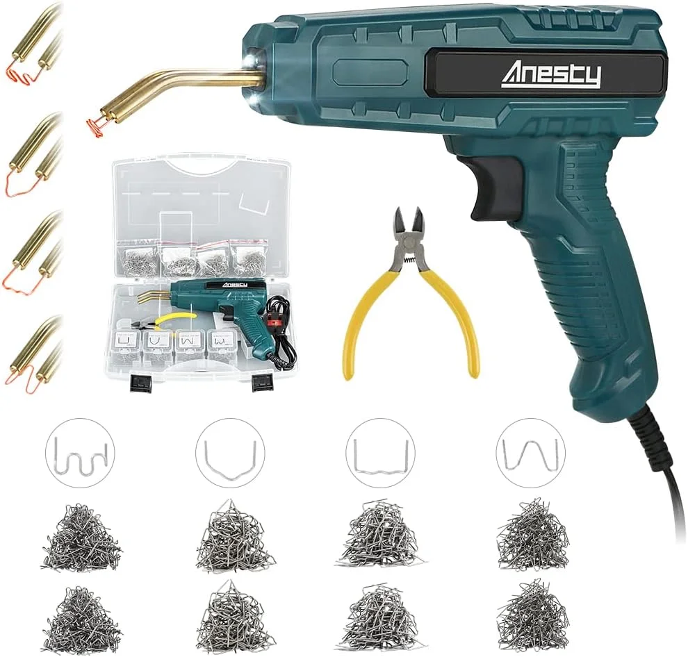 دستگاه جوش پلاستیک GZDcjsc، کیت جوشکار تعمیر پلاستیک، کیت تعمیر سپر خودرو با 800 عدد منگنه گرم صاف/موجی/گوشه داخلی و خارجی برای تعمیر ترک خوردگی پلاستیک شکسته