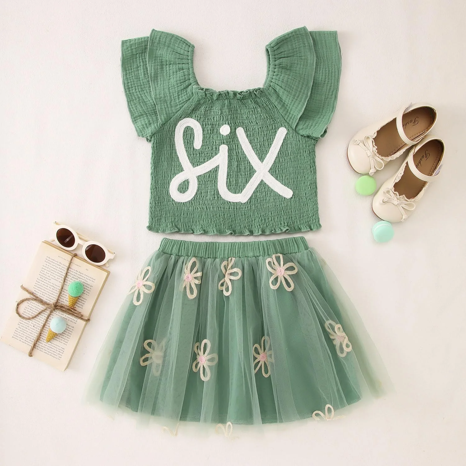 ست لباس تولد دخترانه SOFEON شامل تاپ رکابی چین‌دار با گلدوزی گل و دامن توتو، مناسب جشن تولد 2 تا 7 سال