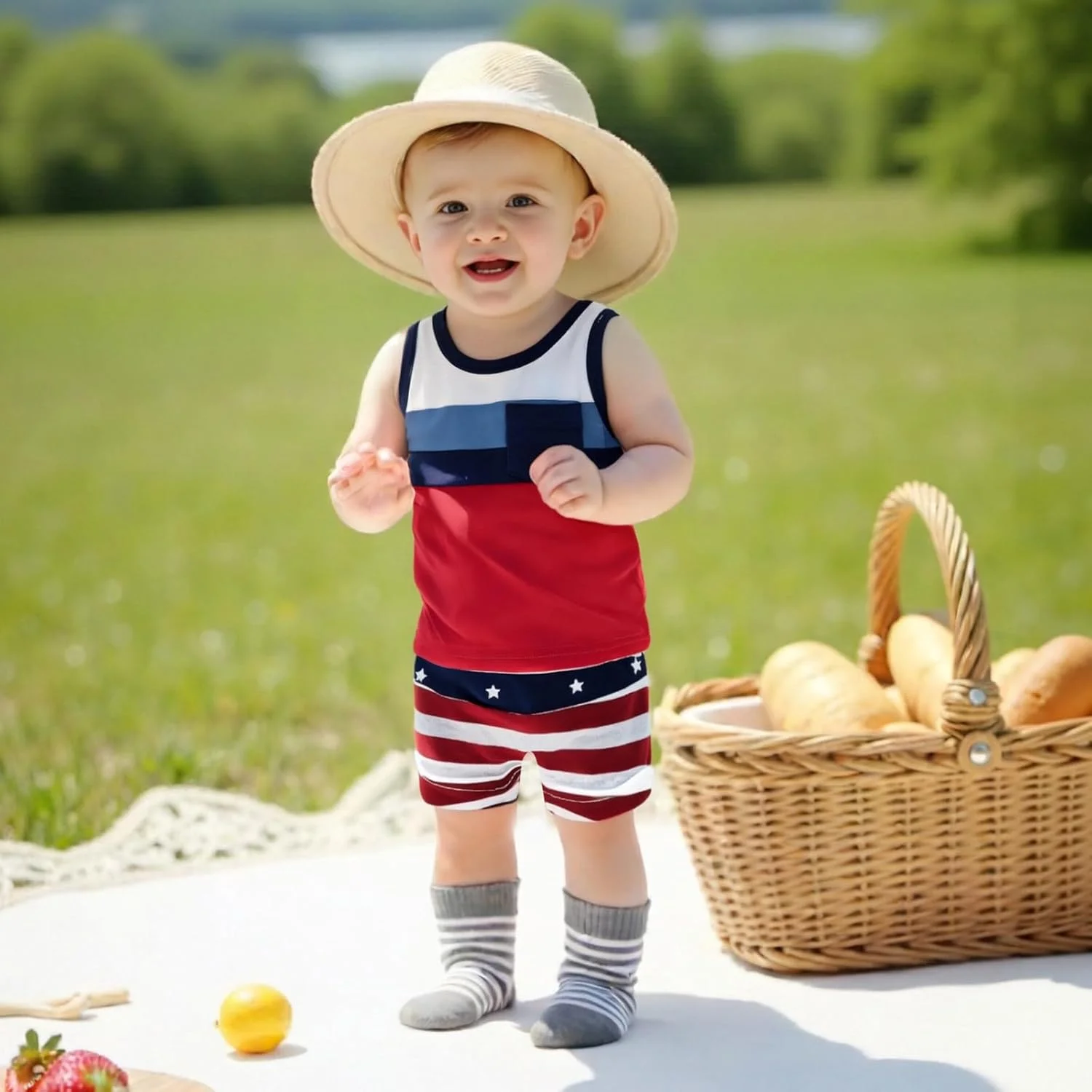 ست لباس تابستانی پسرانه Sprifallbaby برای روز استقلال 4 جولای، شامل تاپ رکابی با رنگ متضاد و شورت راه راه ستاره دار ست لباس تابستانی پسرانه Sprifallbaby برای روز استقلال 4 جولای، شامل تاپ رکابی با رنگ متضاد و شورت راه راه ستاره دار