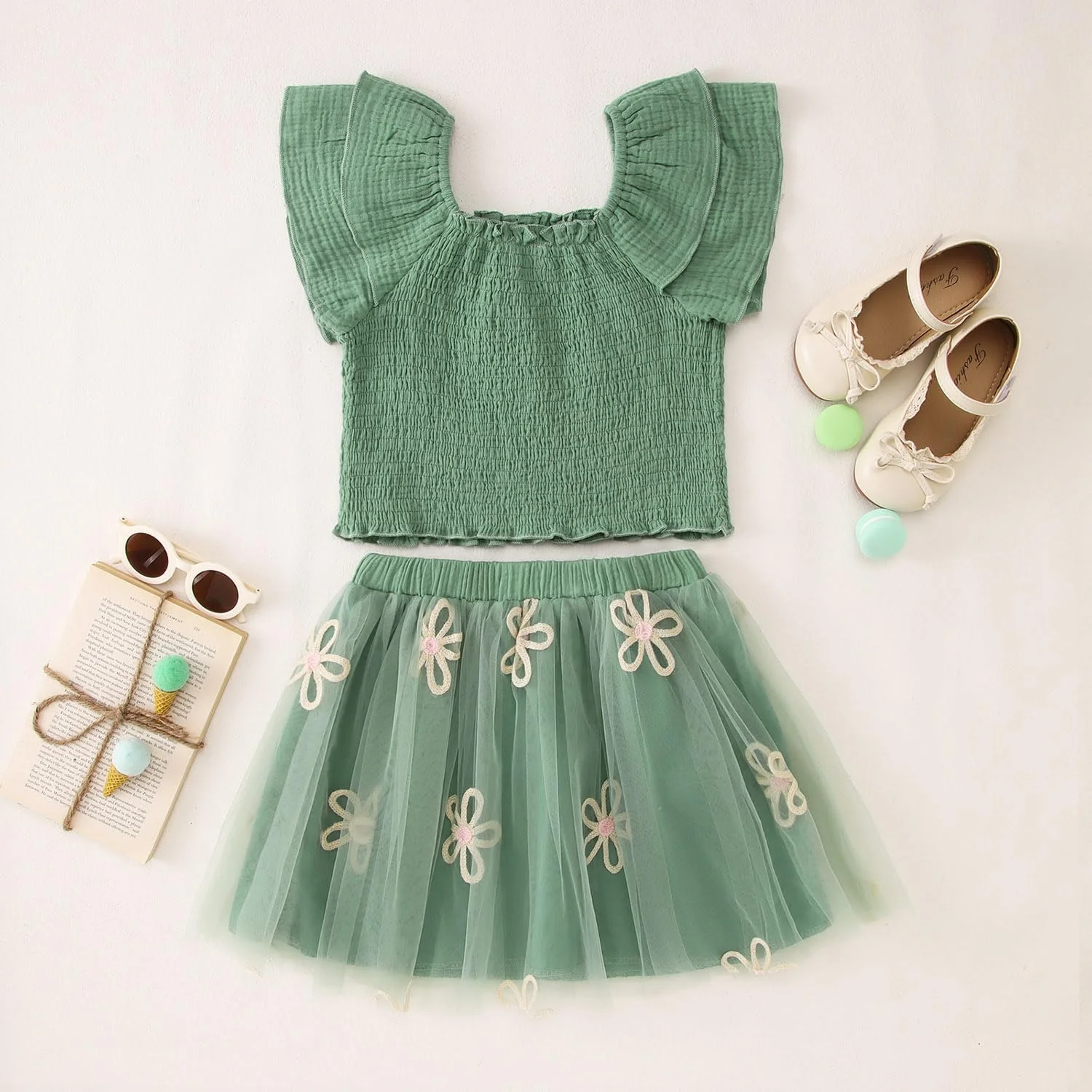ست لباس تولد دخترانه SOFEON شامل تاپ رکابی چین‌دار با گلدوزی گل و دامن توتو، مناسب جشن تولد 2 تا 7 سال